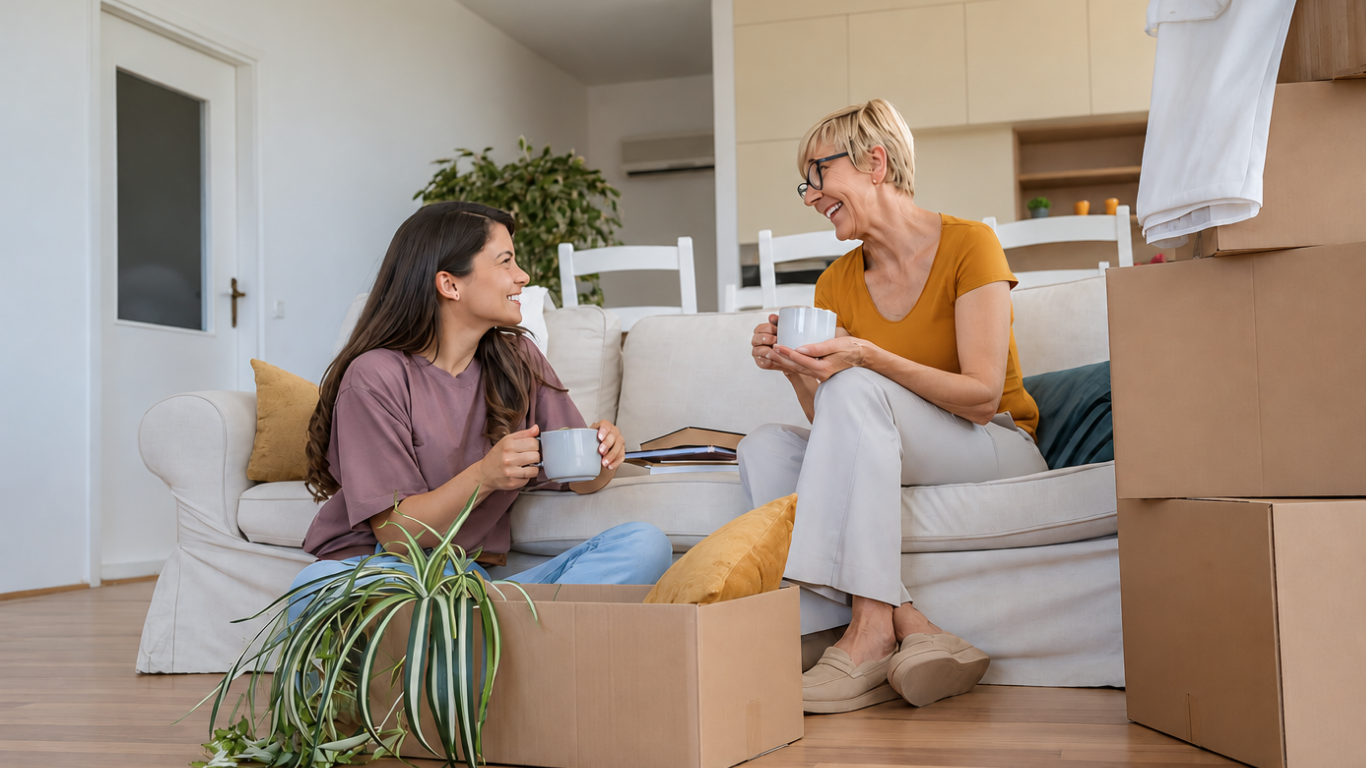 Older woman talking with her adult daughter during a move