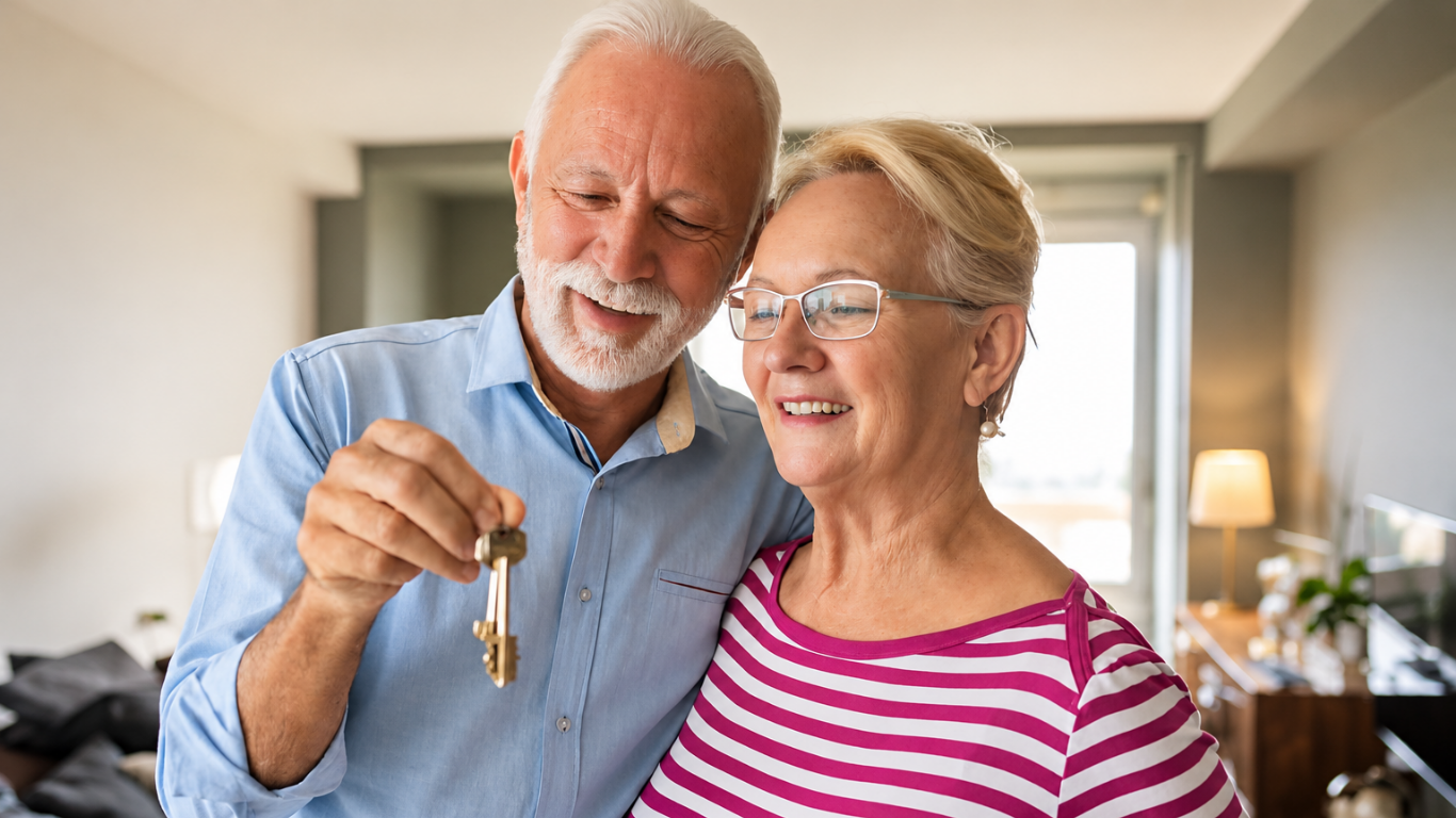 Older couple holding a new home key together