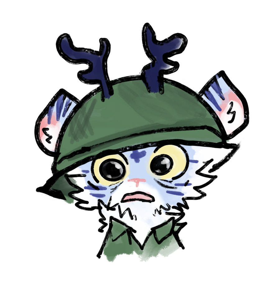 Sketch of a cartoon cat wearing military gear, including a green helmet with antlers and a matching jacket, with a surprised or worried expression.