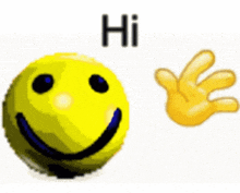 Yellow smiley face emoji waving hello with the word 'Hi' above it.