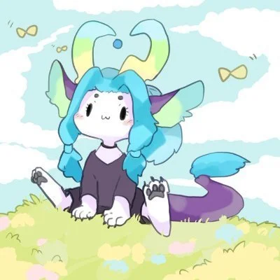 Anime-style dragon girl with blue hair, violet horns, and green wings sitting on grass in a bright outdoor setting with butterflies.