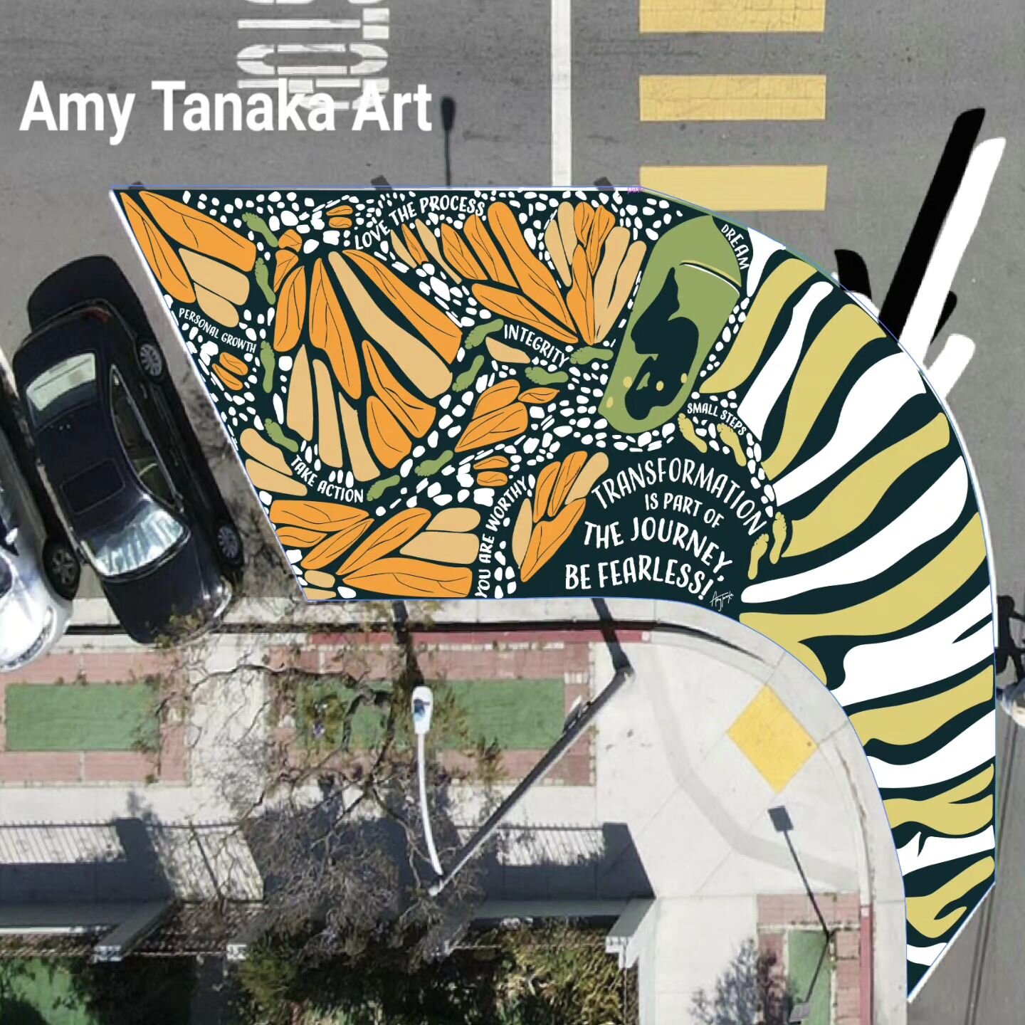 I recently applied for a mural opportunity that involved painting the corner of a street to bring awareness to pedestrian walkways. 
My submission into the pool of contestants involved this mockup of the artwork I designed that  I would do on the cor