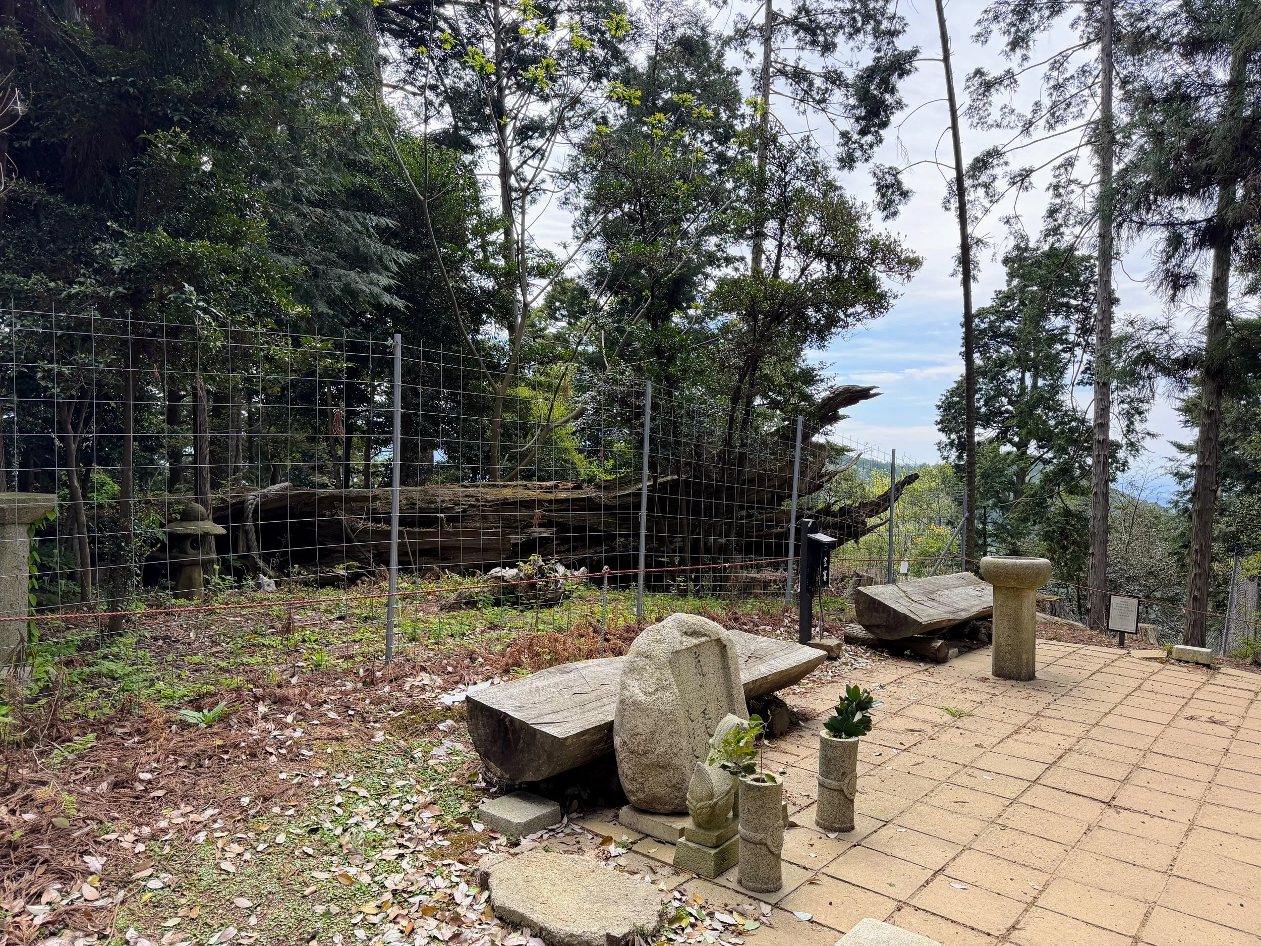 Scenic outdoor area with trees, a fence, stone benches, a stone table, and a small stone statue. Overcast sky in the background.