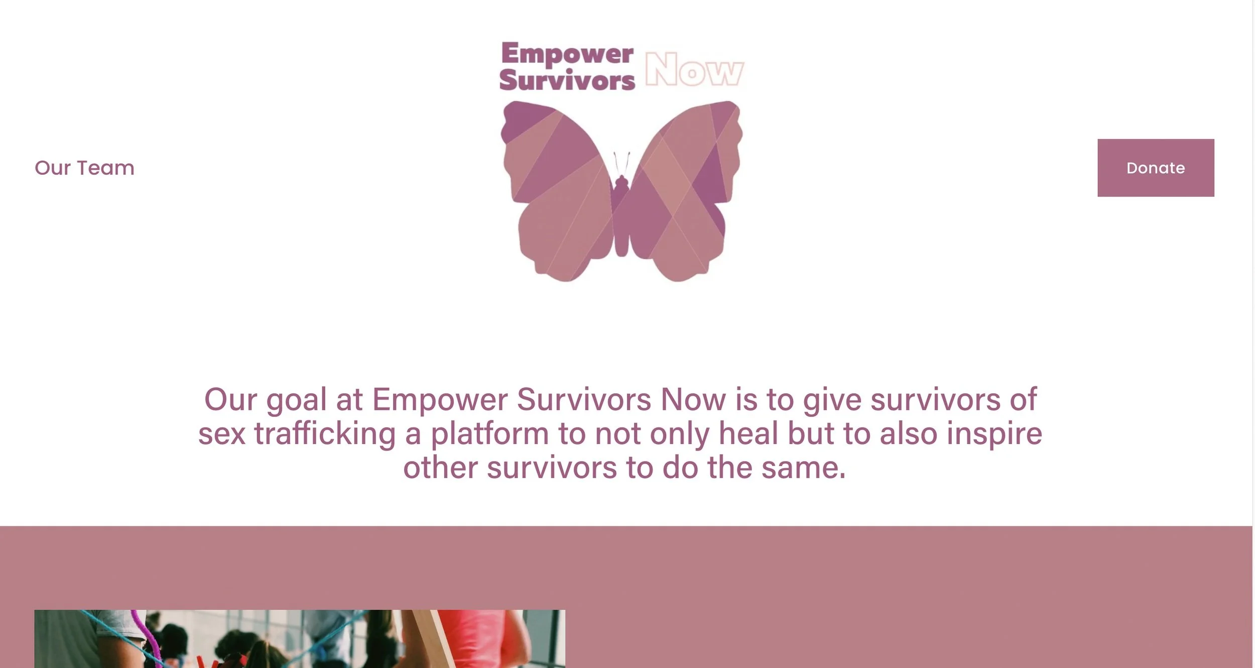 A website page for Empower Survivors Now featuring a purple butterfly logo, a mission statement about supporting survivors of sex trafficking, with a 'Donate' button on a light purple background.