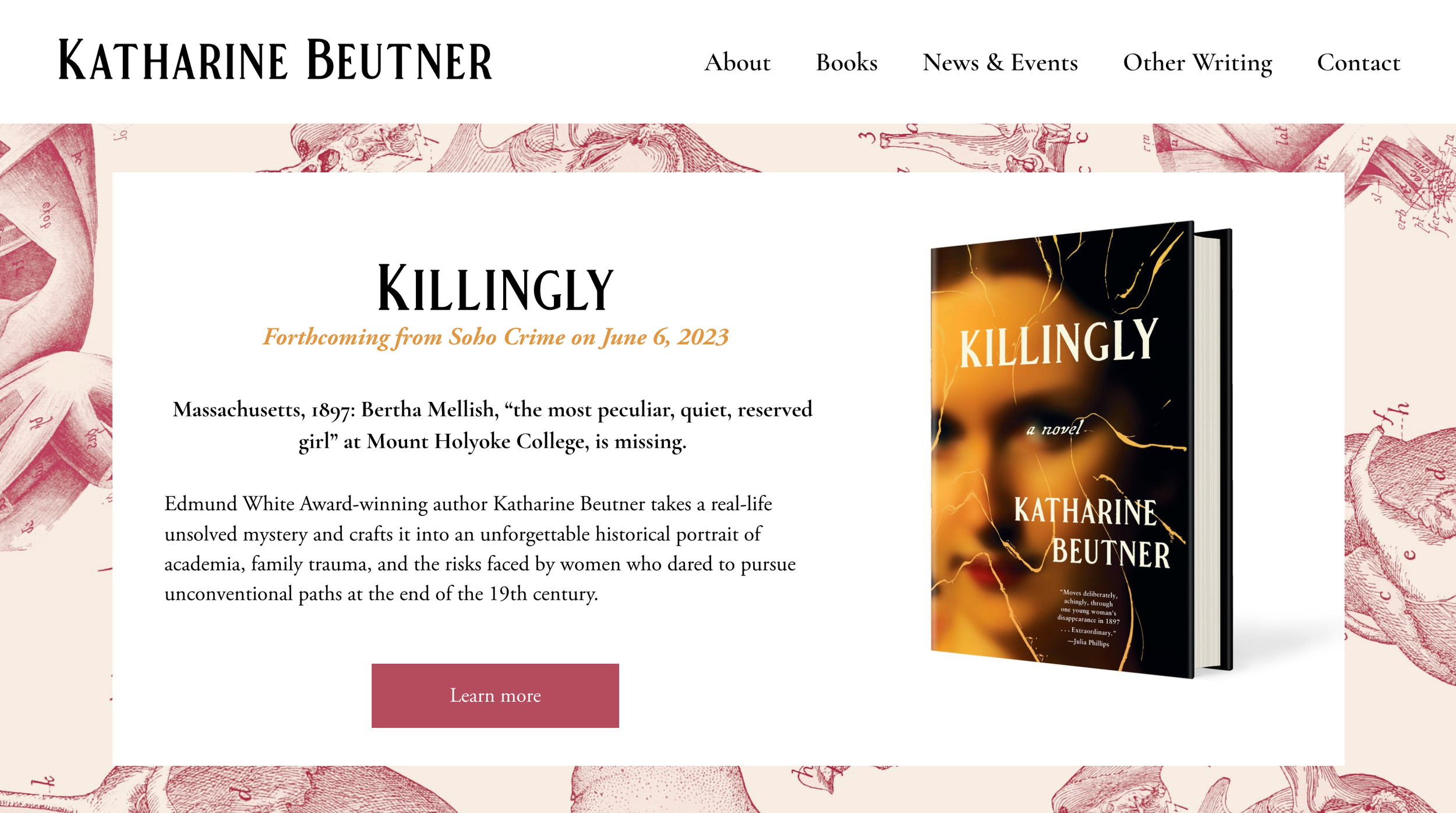 Homepage of Katharine Beutner's website featuring her book 'Killingly' with a cover image of a cracked glass, a brief description, and a 'Learn more' button.