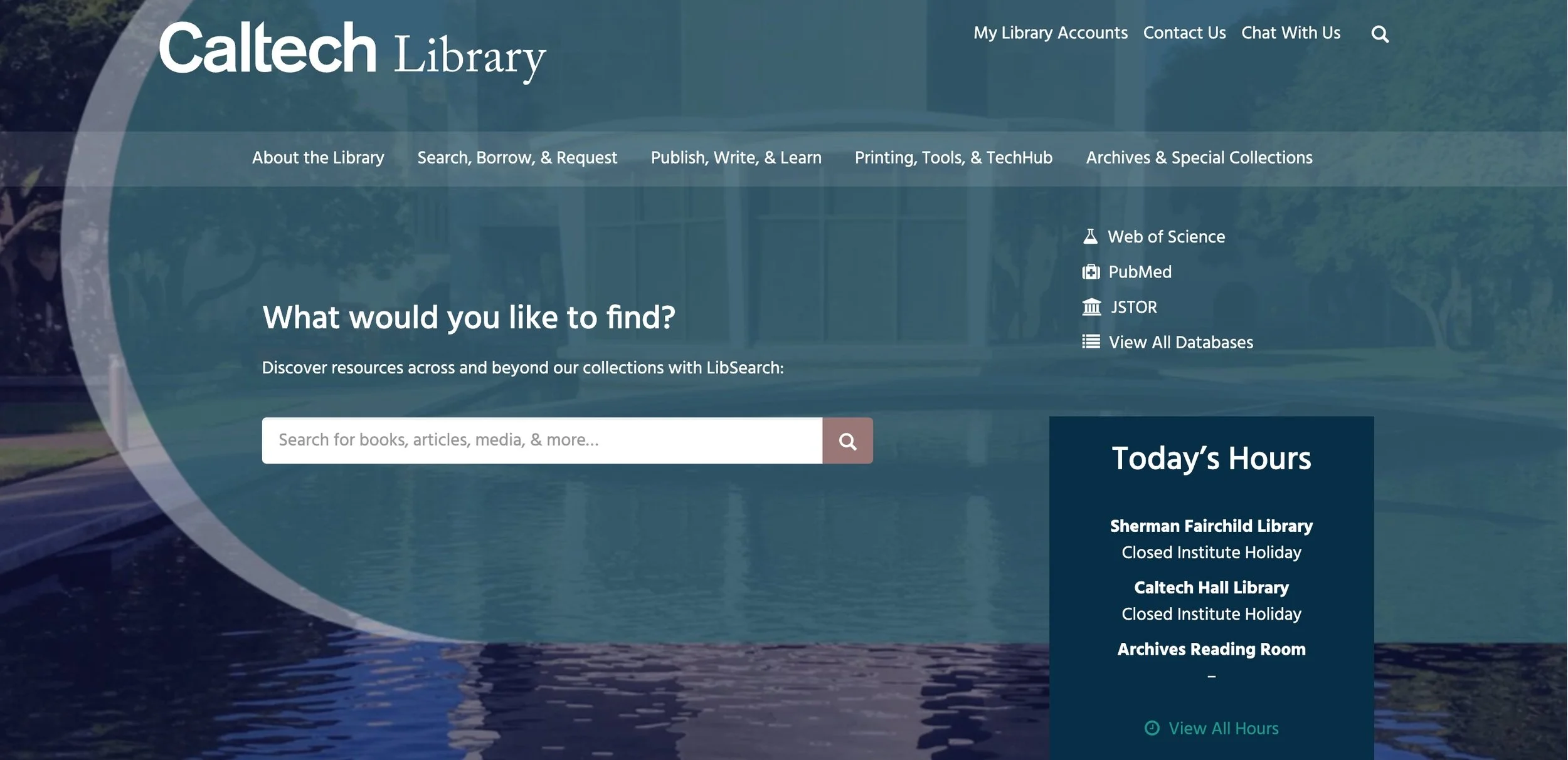 Caltech Library homepage with search bar, library hours, and navigation links.