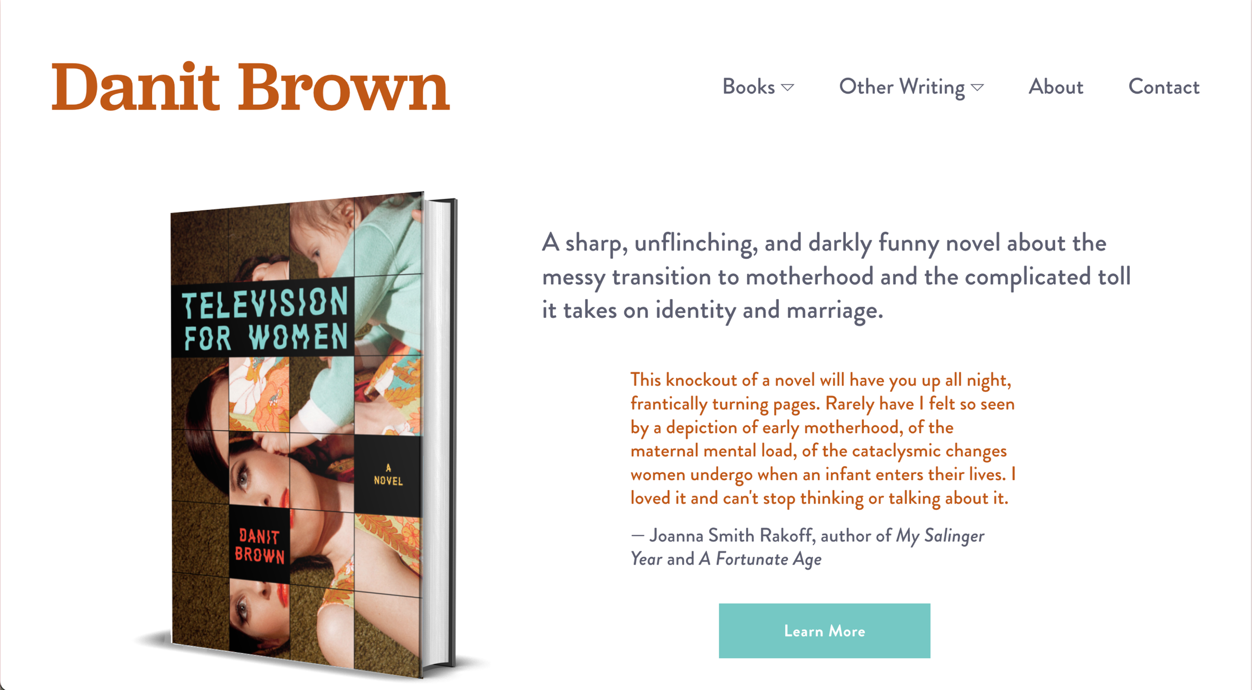 Website homepage for author Danit Brown featuring a 3D book cover titled 'Television for Women,' with a woman with red lipstick and a woman with brown hair, and a menu with links to Books, Other Writing, About, and Contact.