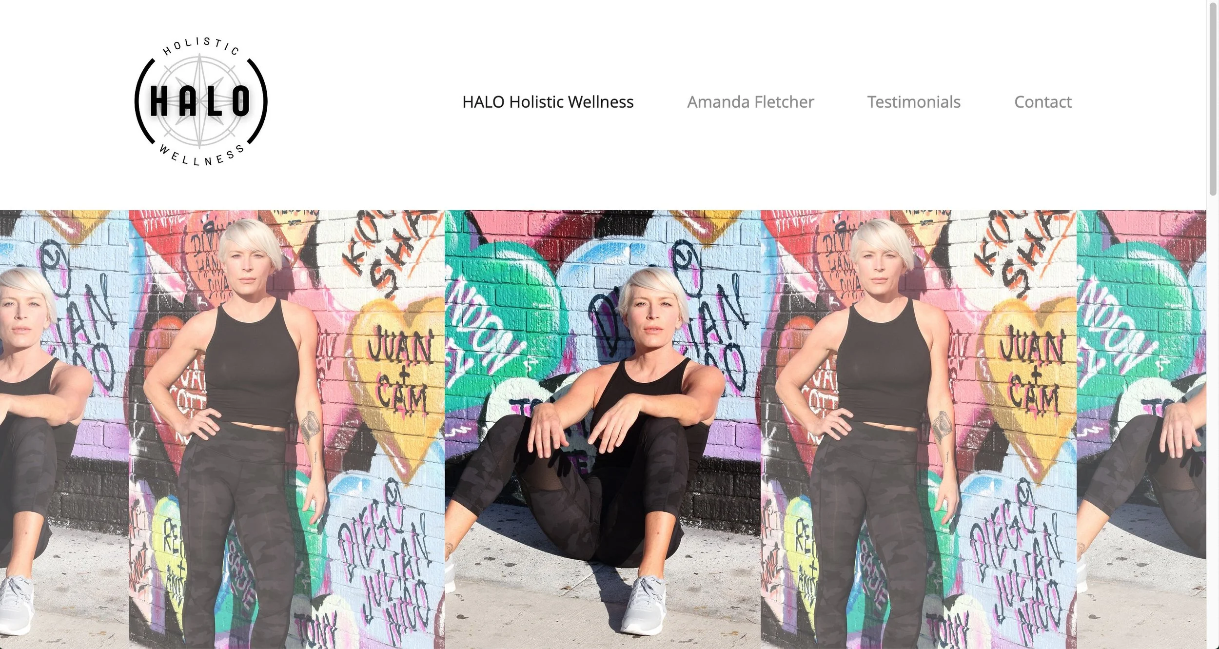 Three women with platinum blonde hair in black athletic outfits posing in front of a colorful graffiti wall that includes hearts, text, and a woman's face with divided typography.