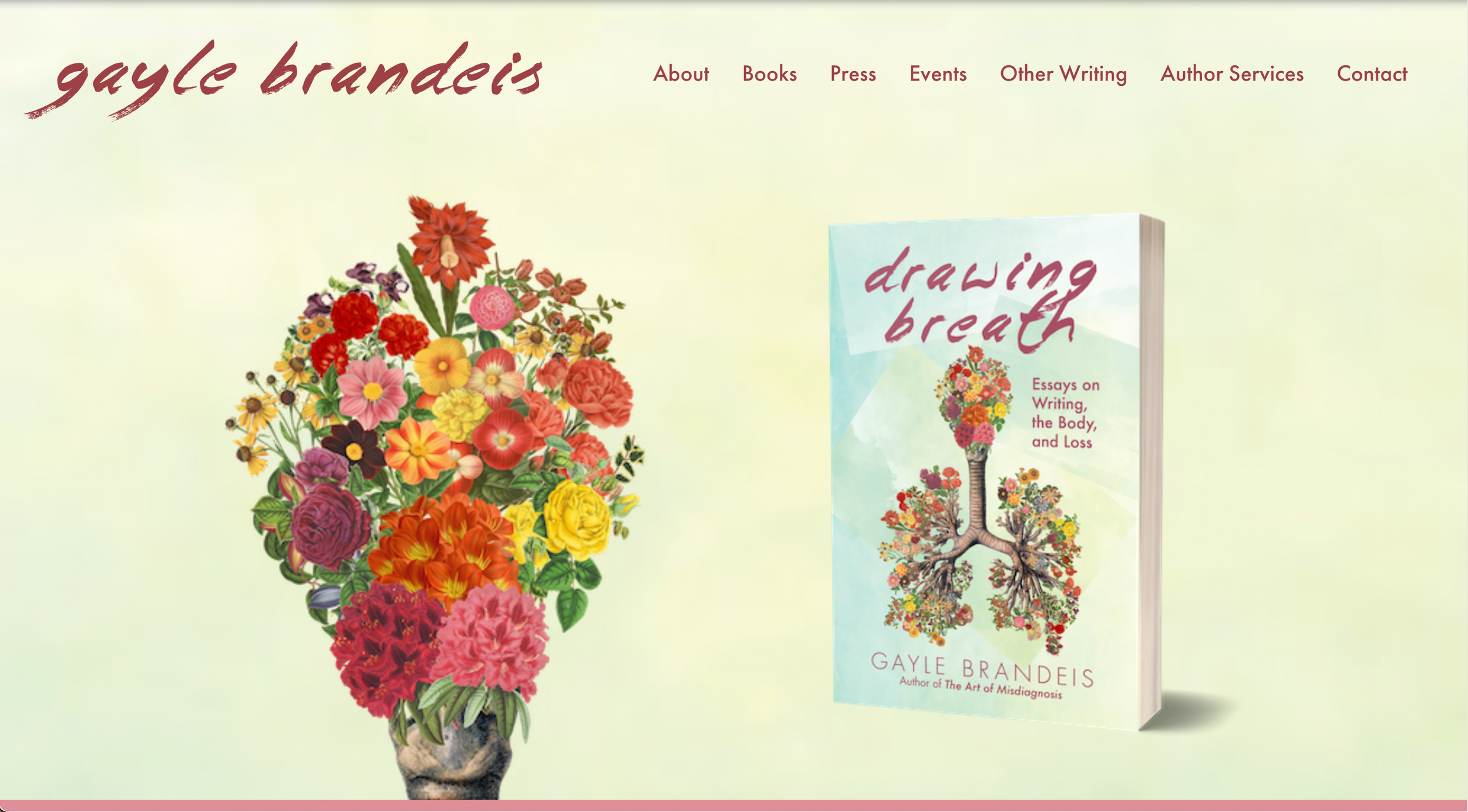 A colorful bouquet of various flowers in a vase on the left side and a book titled 'Drawing Breath' on the right side, with a pastel background.