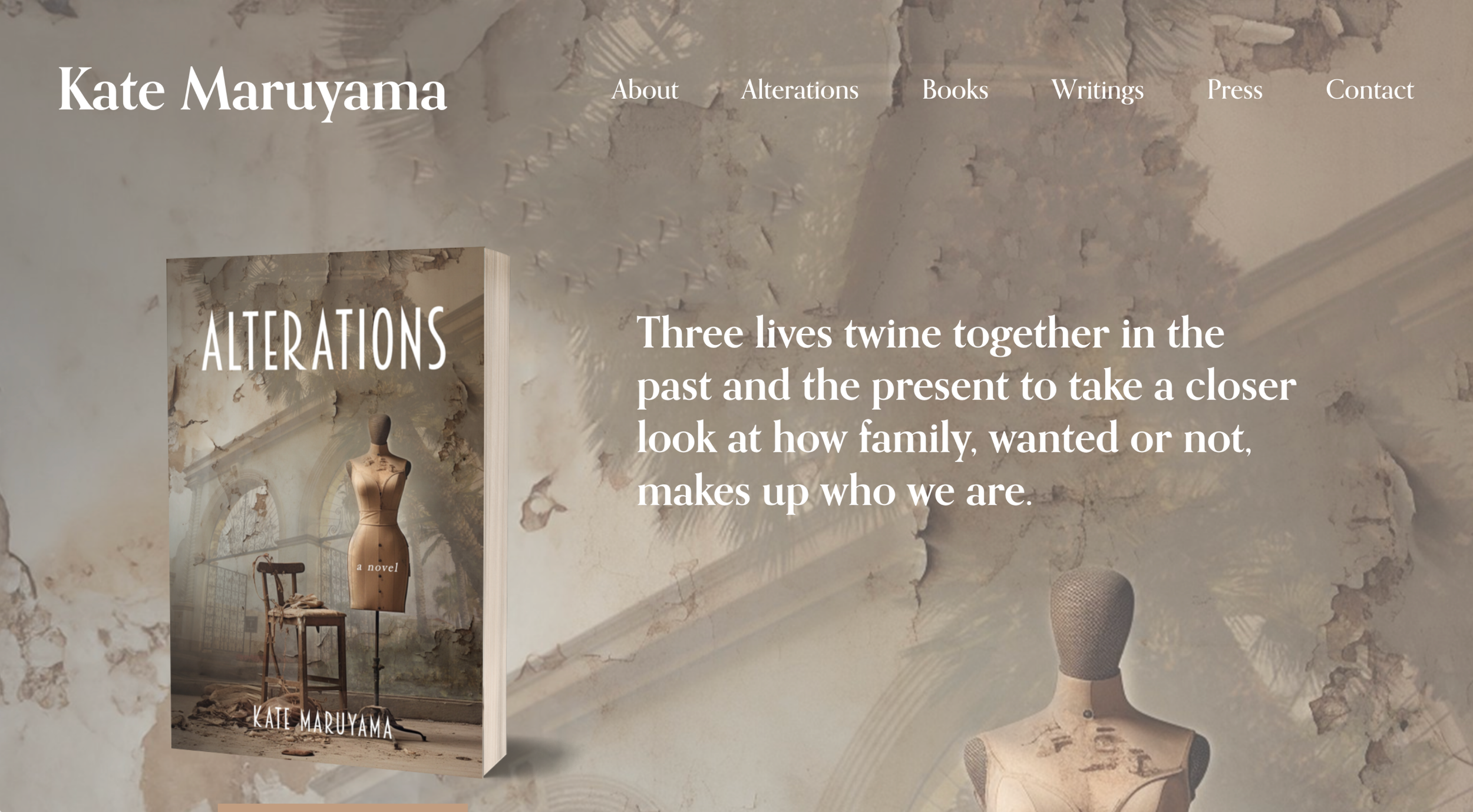 A book cover titled "Alterations" by Kate Maruyama, featuring a chair, a mannequin, and a backdrop of peeling paint and architectural details in a distressed setting.