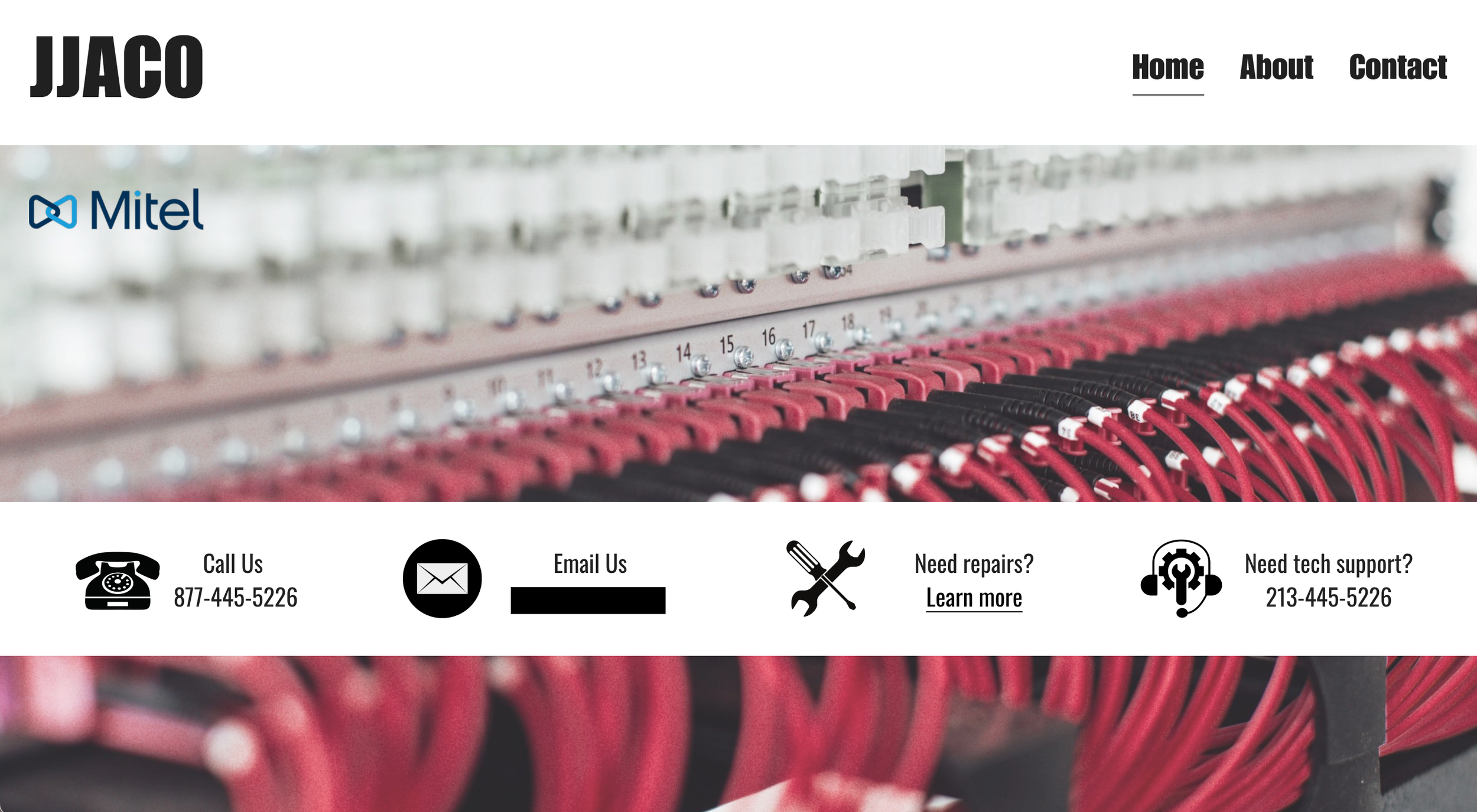 Close-up photo of a network server with red and black cables, featuring contact info and icons for a service business.