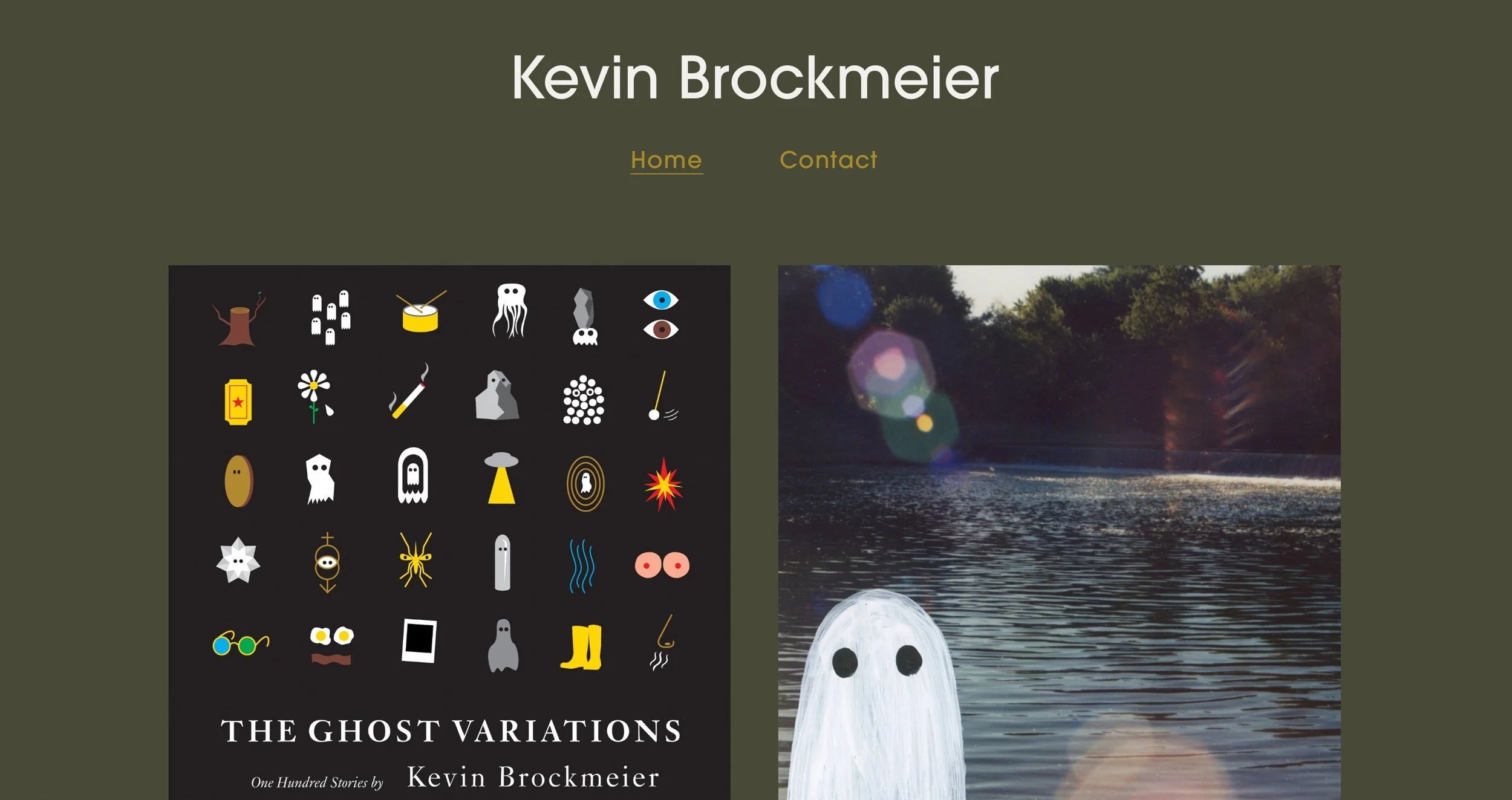 A website homepage for Kevin Brockmeier featuring a dark green background, navigation links labeled 'Home' and 'Contact', a black grid of various ghost and spooky icons, a picture of a lakeside with trees and a blue sky, and an illustrated white ghost with black eyes.