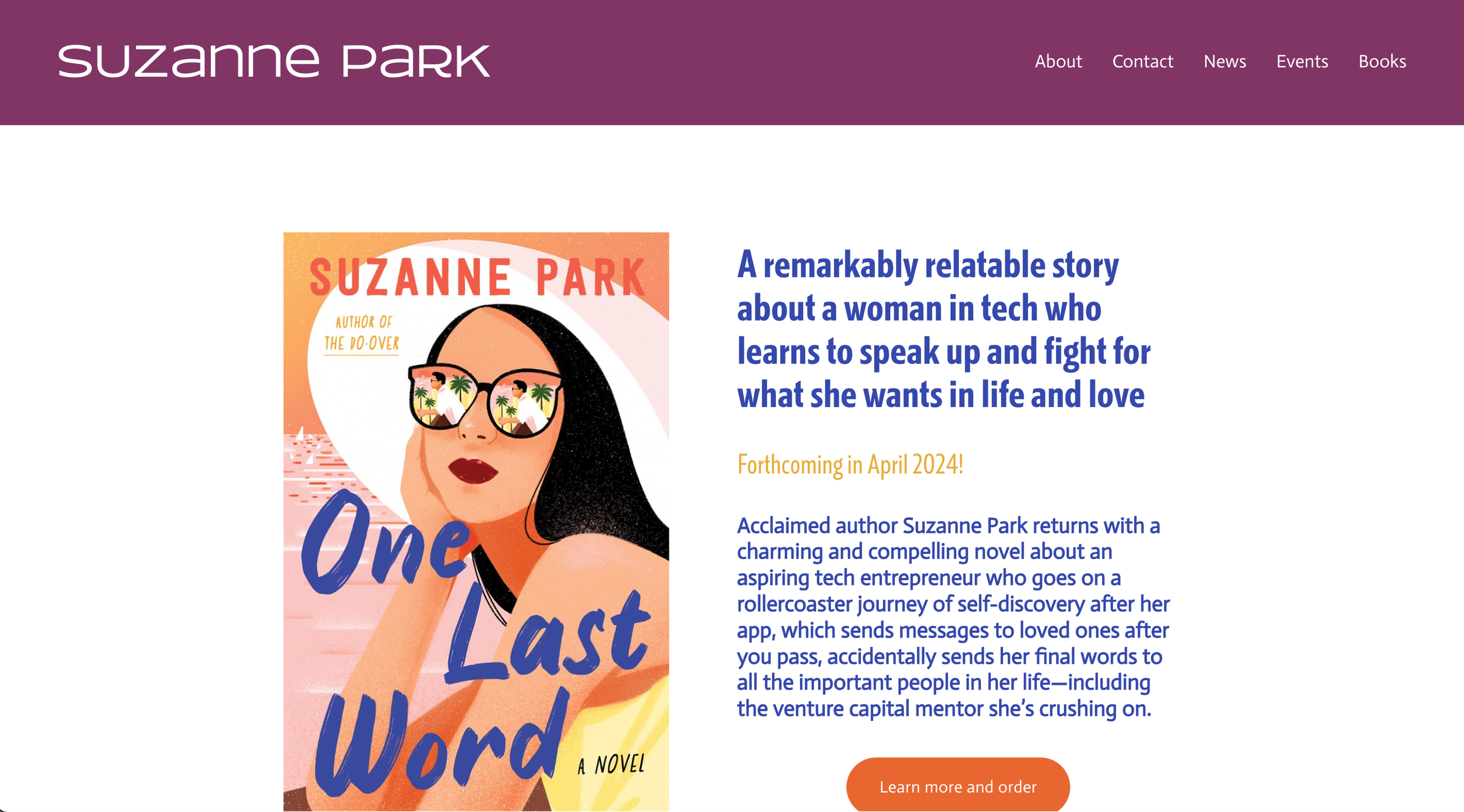Book cover illustration for Suzanne Park's novel 'One Last Word' featuring a woman with black hair and sunglasses, with reflection of palm trees in the sunglasses, with a peach and pink background.