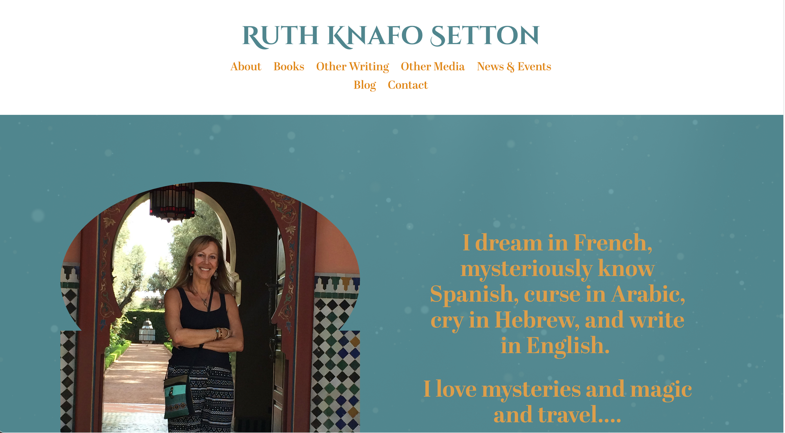 Screenshot of Ruth Knafo Setton's website homepage featuring a woman in a black top and patterned pants standing in a decorative doorway with a garden visible outside. The page includes a quote about languages and love for mysteries, magic, and travel.