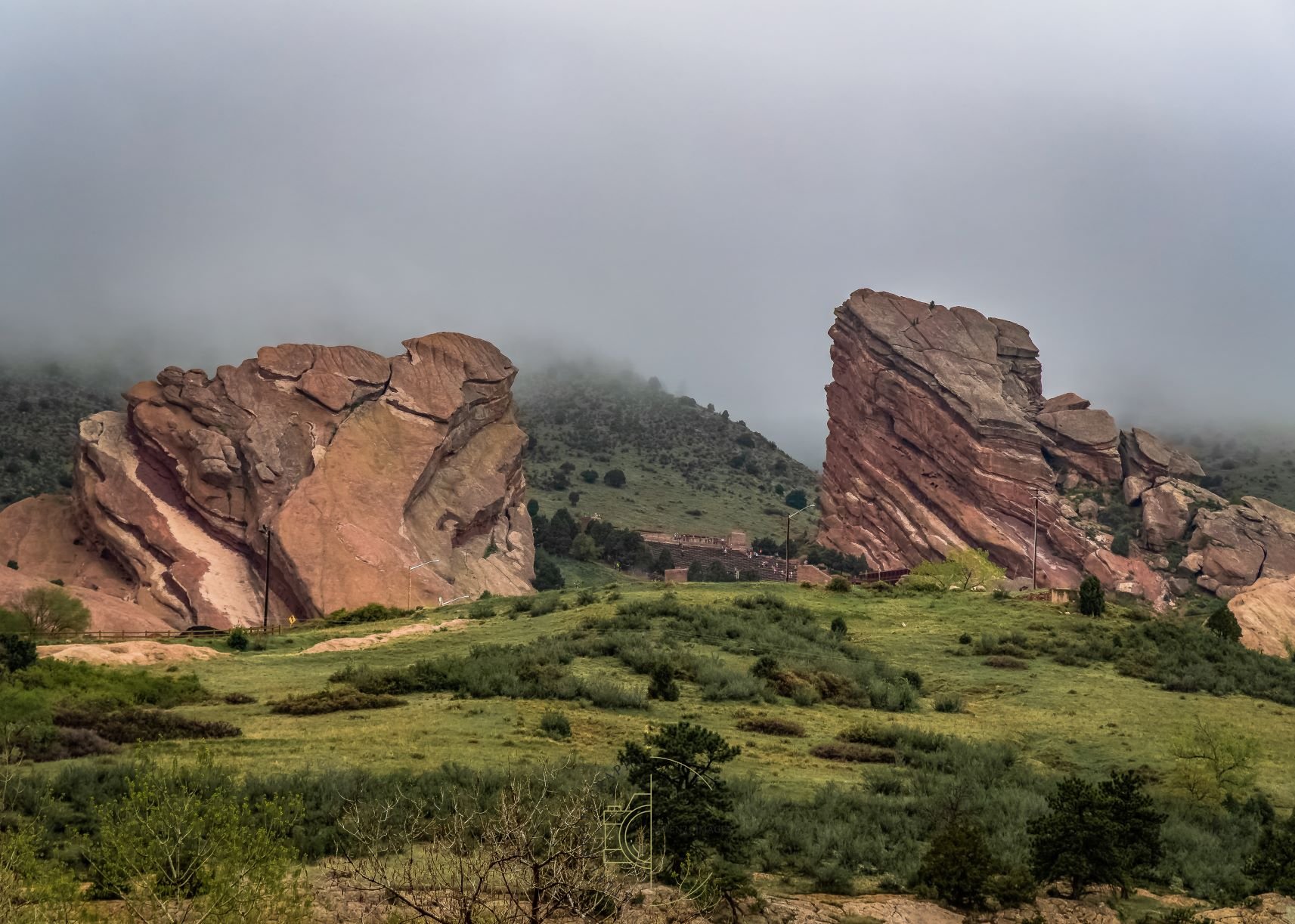 An image of Red Rocks as seen from Hwy 93