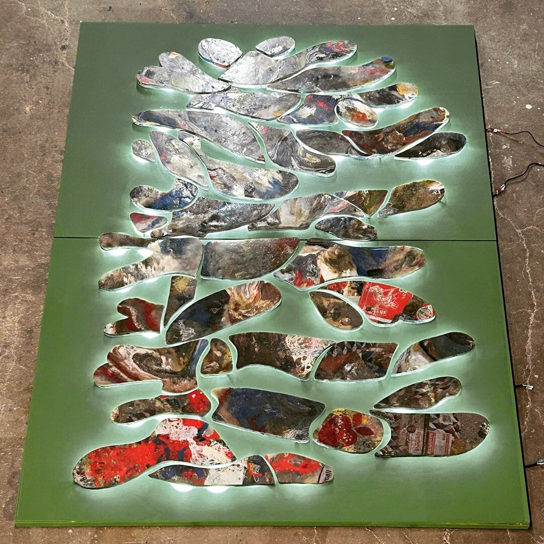 Nature is so versatile and beautiful during the day AND by moonlight. 
This is one of two murals to be installed in April in a school In Ontario. It's a day/night artwork.
The school contributed their own waste collected by the sustainability committ