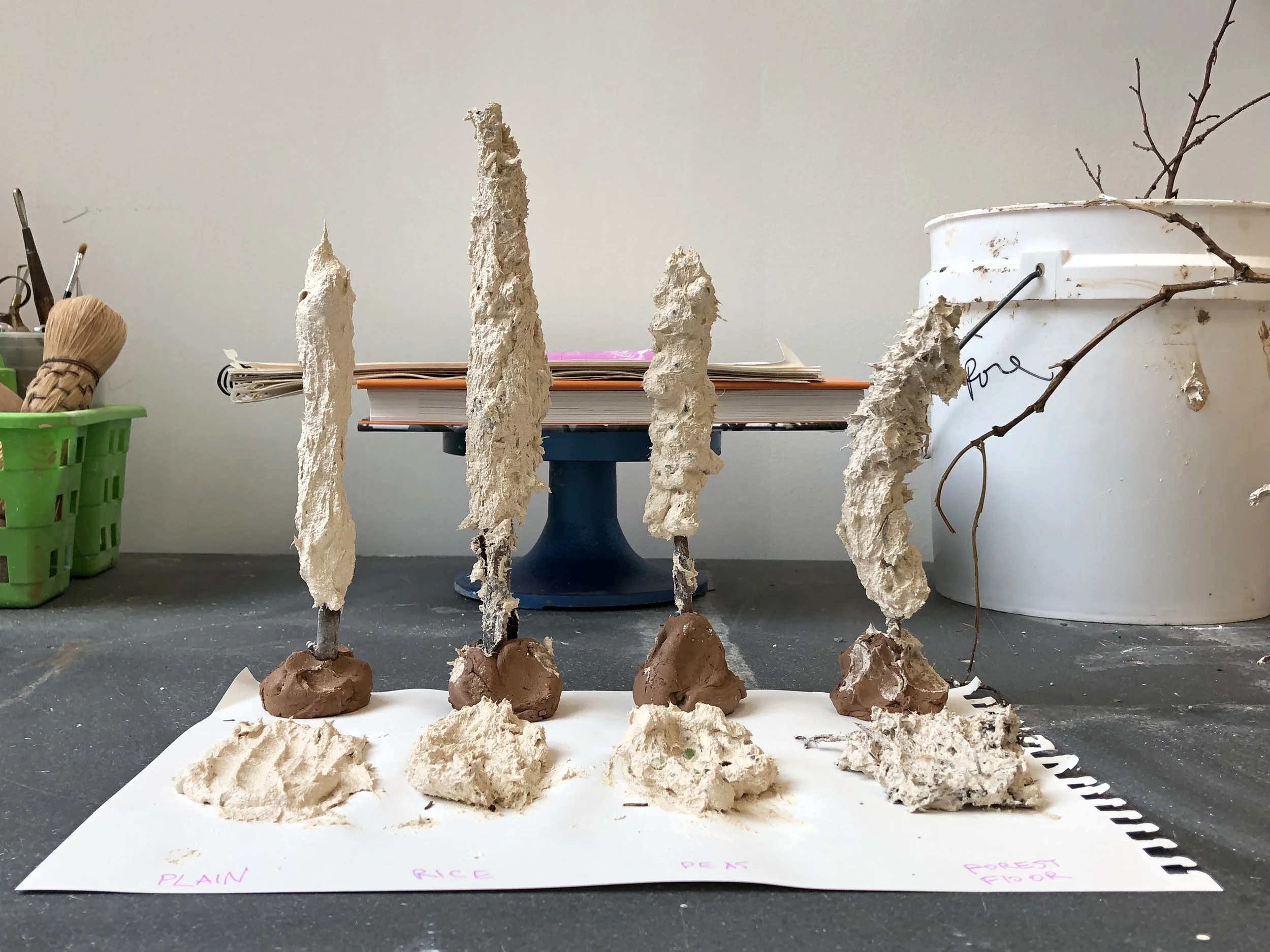 I used a type of clay body called "plemp" for NATURE TO THE DOGS. Plemp has a very high grog and fiber content (paper pulp and flax fiber)--meaning it will shrink very little and will have higher green strength. I learned about plemp in Anton Rejnder