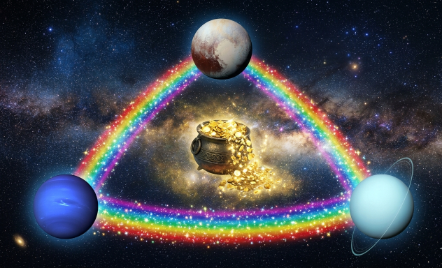 A cosmic scene with three planets connected by rainbow-colored rings forming a triangle around a pot filled with gold coins, set against a starry galaxy background.