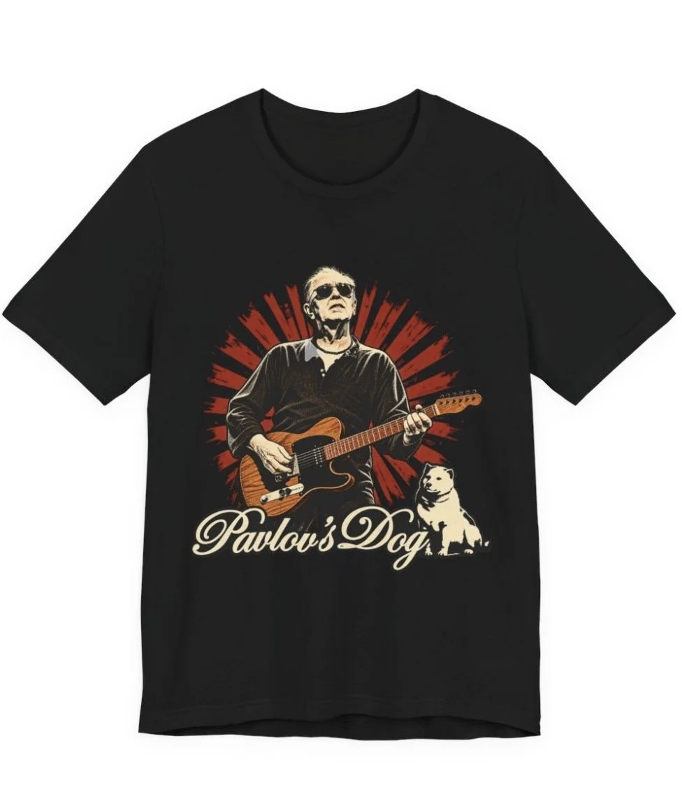 Black Pavlov’s Dog memorial T-shirt featuring David Surkamp playing guitar