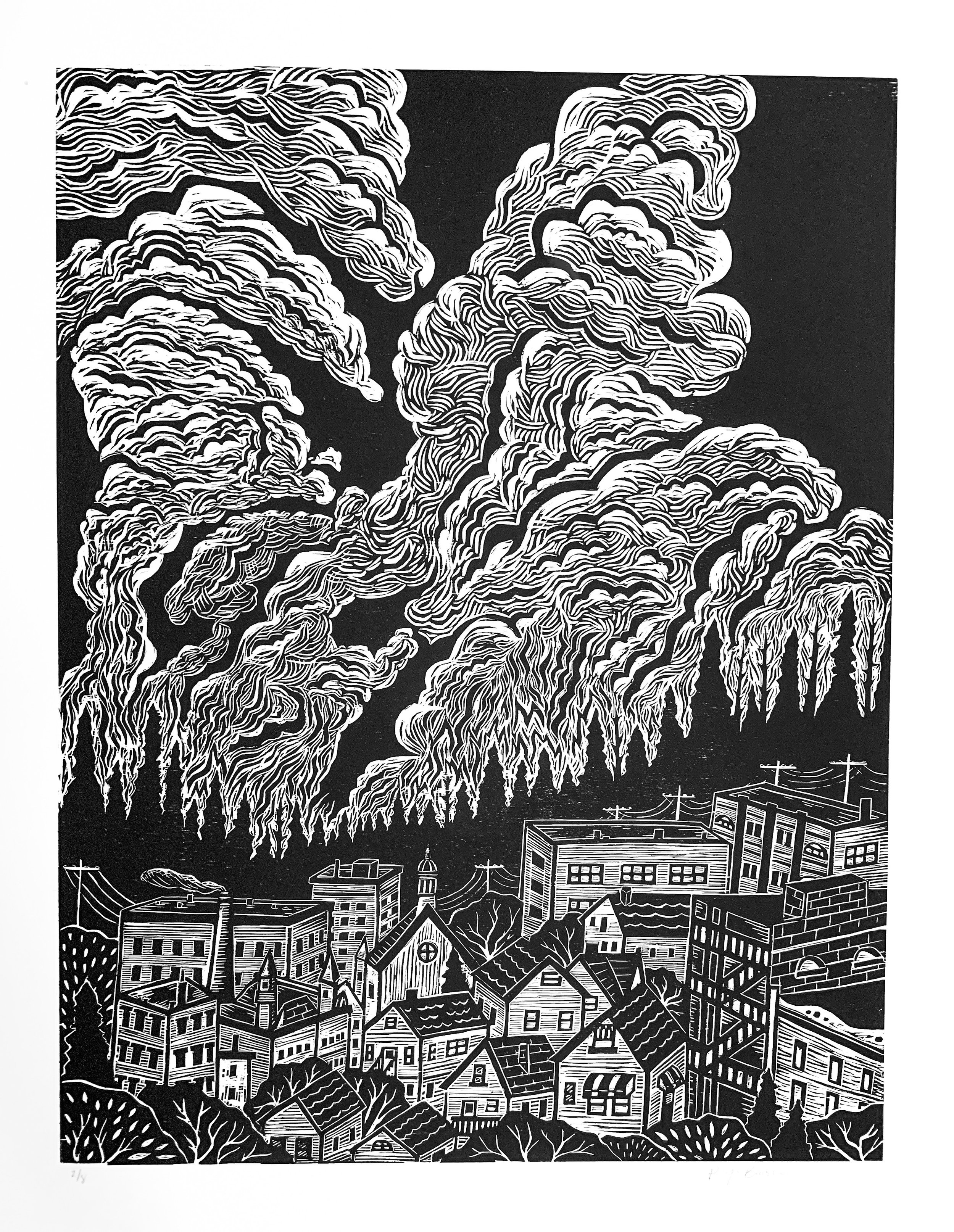 Smoke Rising. 2024. Woodcut.
