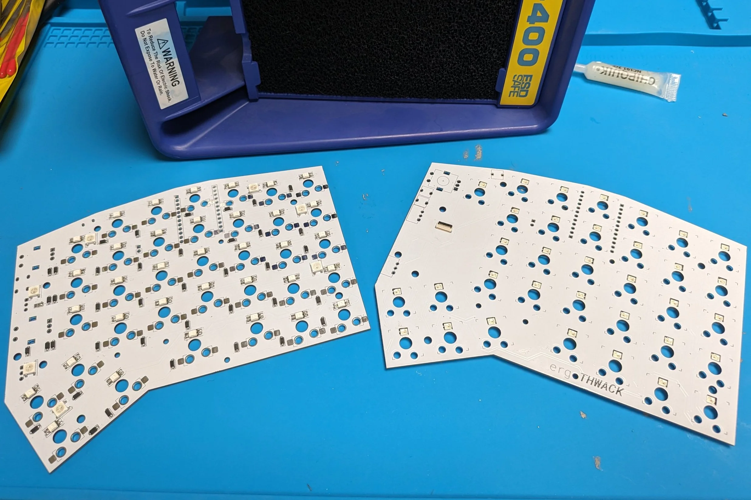 The boards after adding the SMD diodes and LEDs.