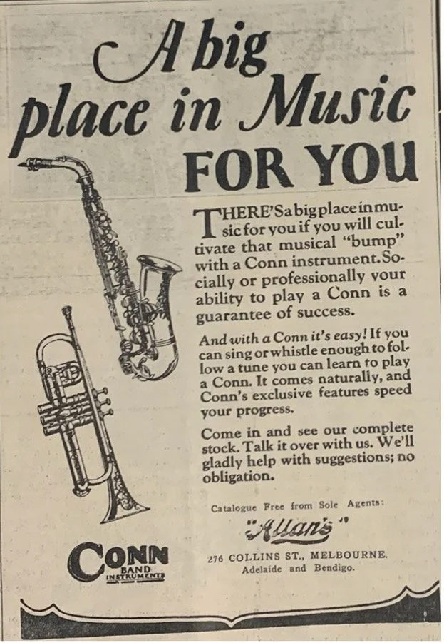 Advertisement for Allan's, Australian Band and Orchestra News, 26 March 1927, 16.