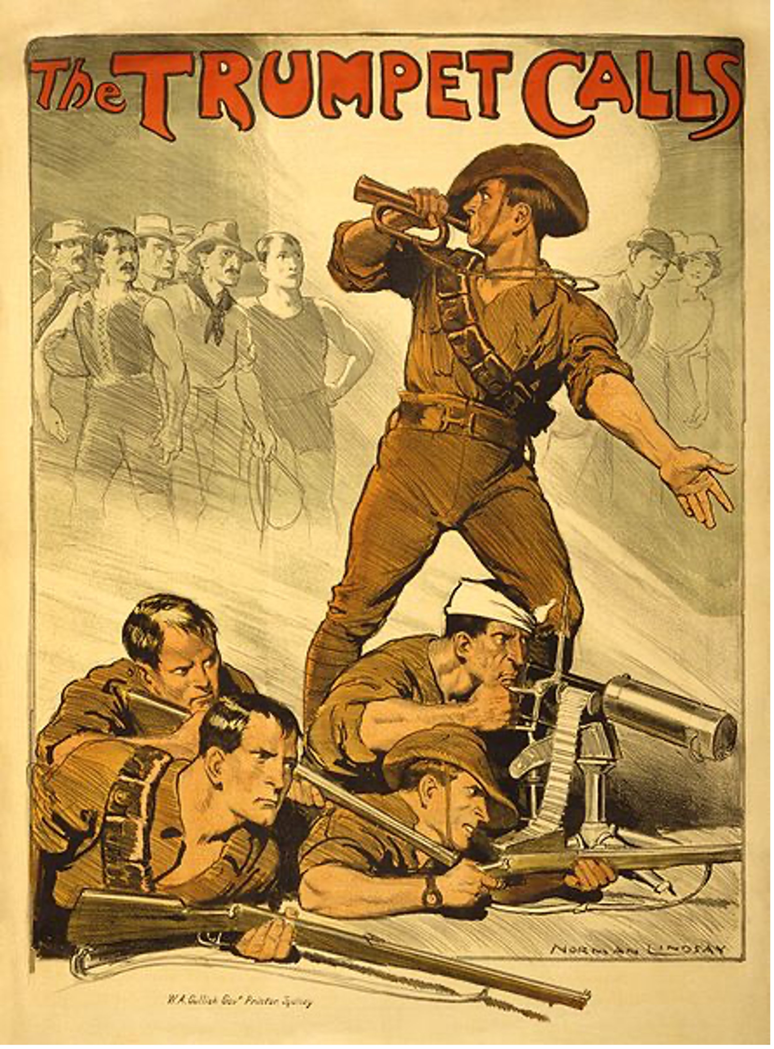 Norman Lindsay, The Trumpet Calls (Sydney: W.A. Gullick, ca. 1918). Australian War Memorial. https://www.awm.gov.au/collection/C95617. 