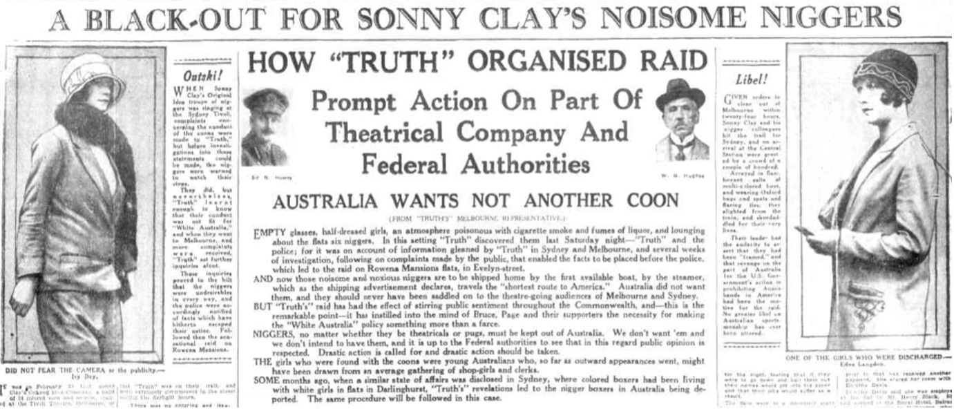 ‘A Blackout for Sonny Clay’s Noisome Niggers’, Truth, 1 April 1928, 13
