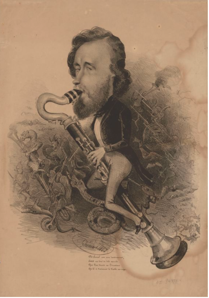 Louis-Joseph Ghémar, Caricature d’Adolphe Sax, 1842. Bibliothèque Royale, Brussels. https://uurl.kbr.be/1907602.  Accessed December 21 2022.