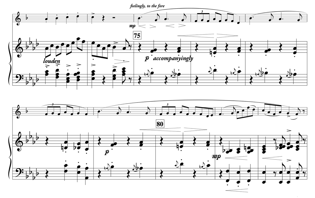 Percy Grainger, Molly on the Shore, ed. Paul Cohen (Englewood: To The Fore, 1991), bars 73–82.