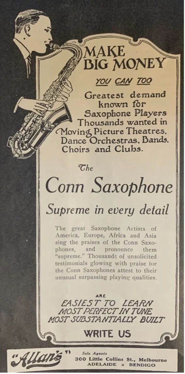 Advertisement for Conn saxophones, Australian Band and Orchestra News, 26 February 1926, 8.