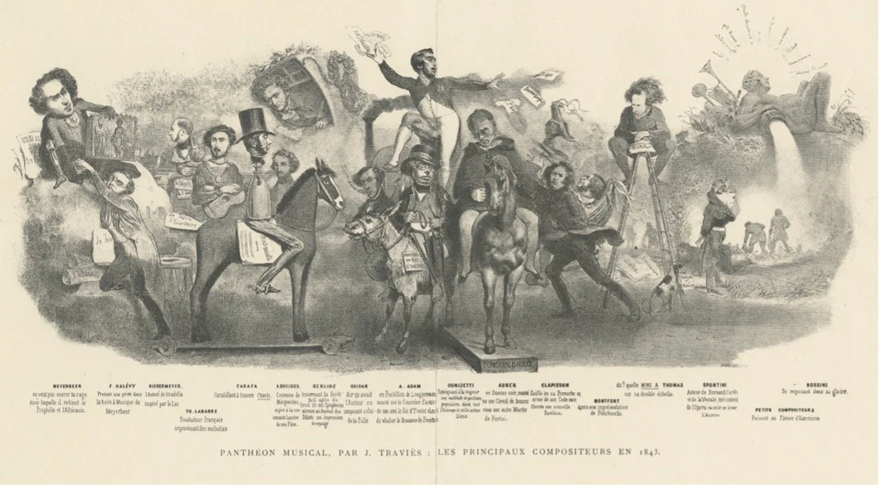 J. Traviès, “Panthéon Musical” – Les Principaux Compositeurs en 1843, 1843, reproduced in Leon Kochnitzky, Adolphe Sax and His Saxophone (New York: Belgian Government Information Center, 1949), 29. https://archive.org/details/AdolpheSaxAndHisSaxophon