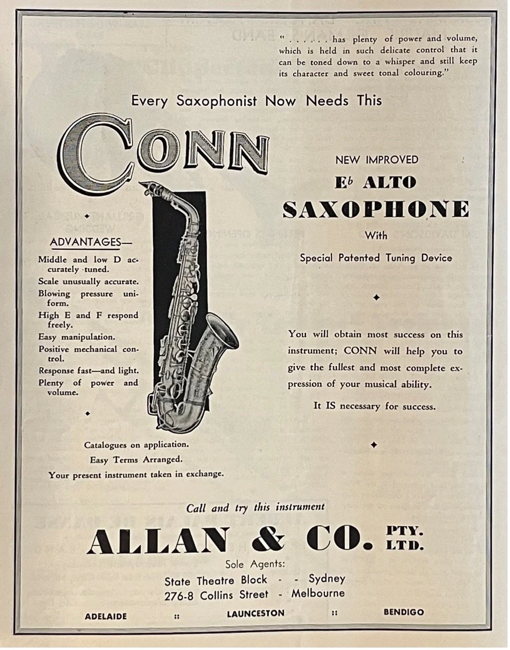 Advertisement for Conn saxophones, Australian Music Maker and Dance Band News, 1 May 1934, 8.