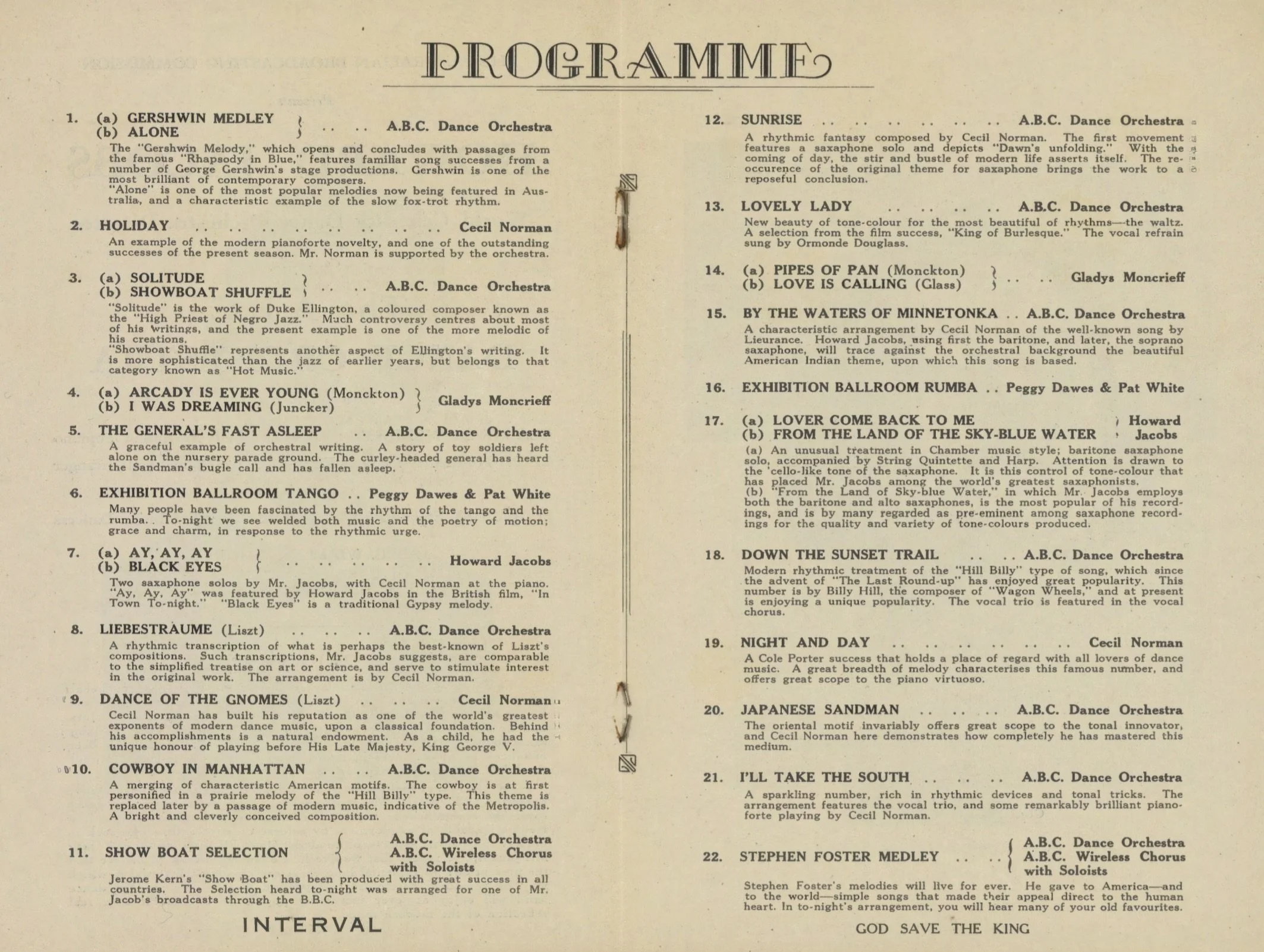 Programme for Howard Jacobs’ ABC Dance Band, Sydney, 29 June 1936.