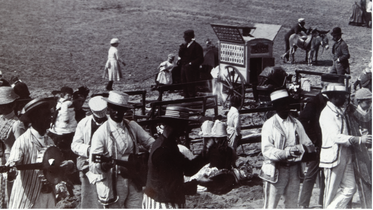 Black and White Minstrel Troupe Entertaining at the Seaside, ca. 1890–1900, State Library of Victoria, https://find.slv.vic.gov.au/permalink/61SLV_INST/1sev8ar/alma9921307033607636, accessed 3 July 2020. 