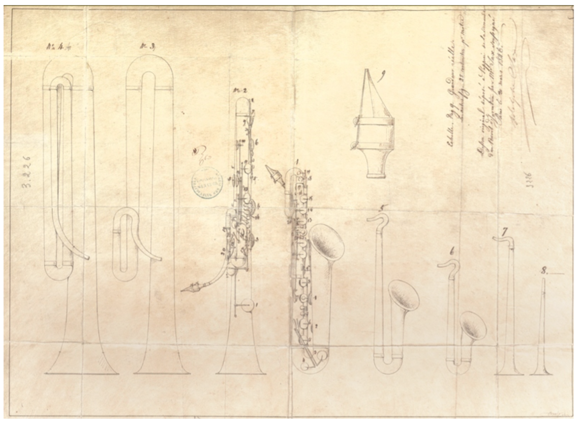 ‘Baritone Saxophone, Patent #3226, March 21 1846, INPI Paris’, Musical Instruments Museum Brussels. http://www.mim.be/baritone-saxophone. Accessed 4 April 2019.