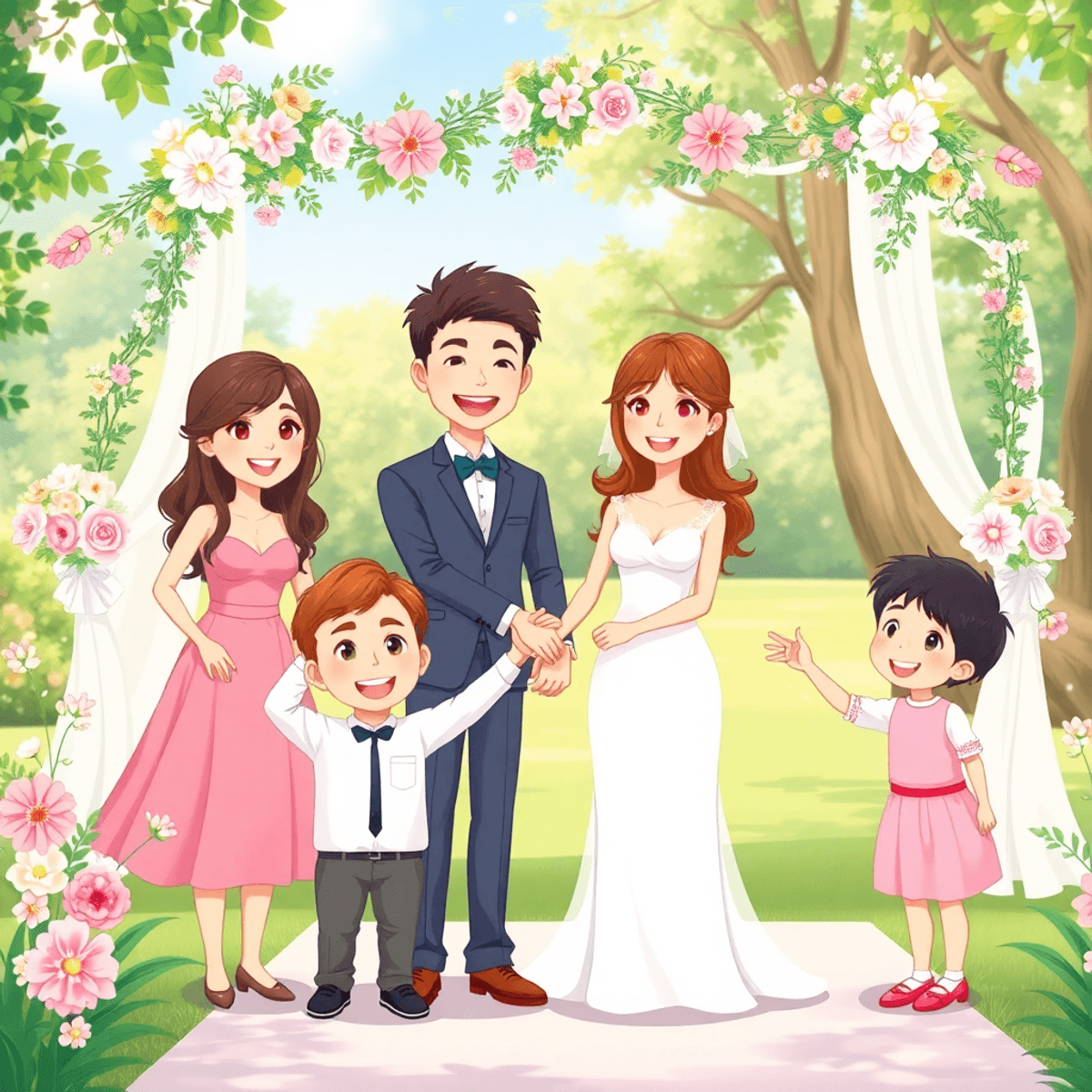 Cartoon-style outdoor wedding with smiling adults and children, intertwined hands symbolizing unity, set against soft greenery and floral decorations.