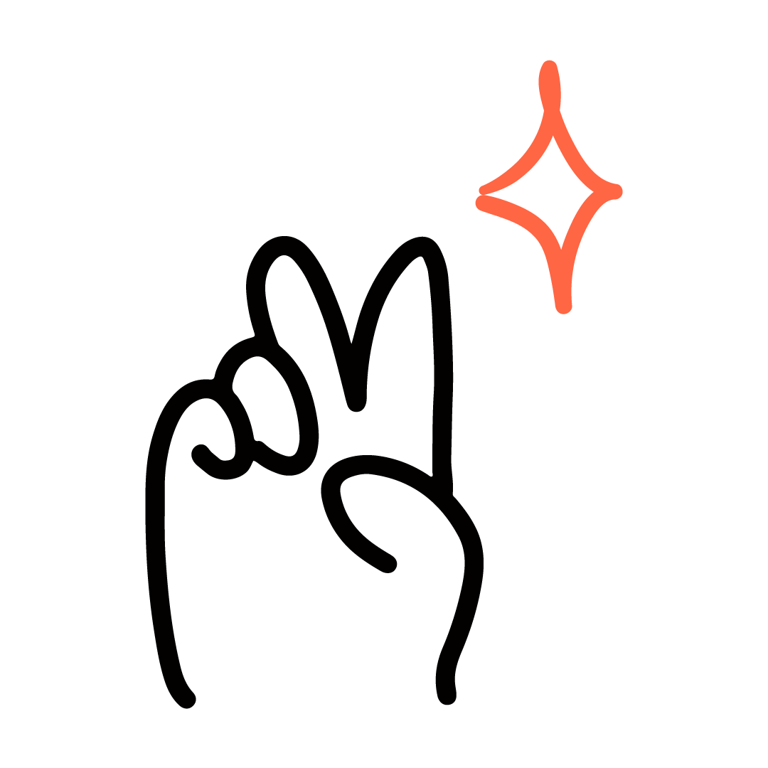 Simple black outline of a hand with the index finger touching the thumb, and a star-shaped sparkle near the finger to indicate cleanliness or a fresh outcome.