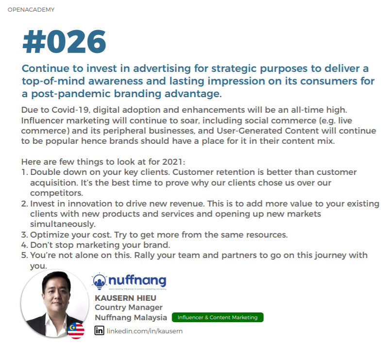 Digital poster with social media marketing tips, featuring a photo of Kausern Hieu, country manager of Nuffnang Malaysia, including their logo, a green tag indicating influencer and content marketing, and a Malaysian flag.
