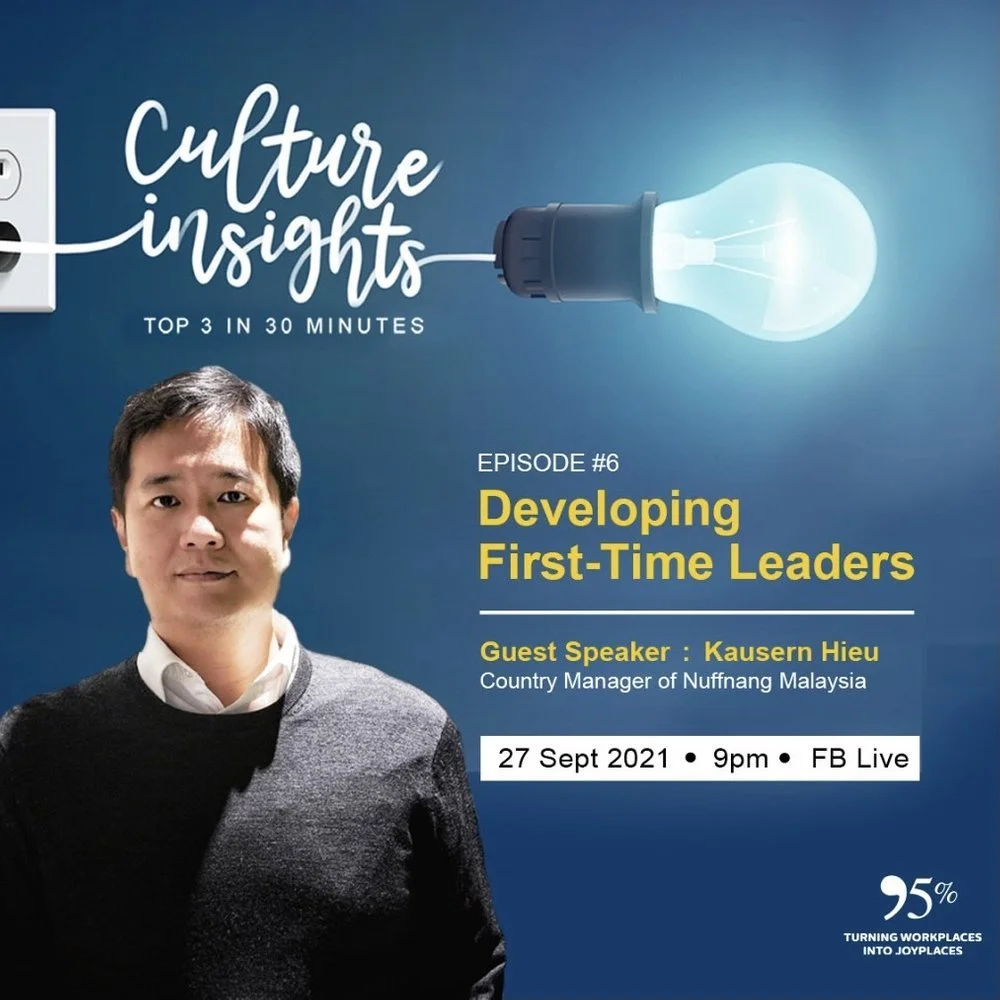Promotional poster for a webinar titled 'Culture Insights: Developing First-Time Leaders' featuring guest speaker Kauser Hieu, country manager of Nuffnang Malaysia, scheduled for September 27, 2021 at 9 PM live on Facebook.