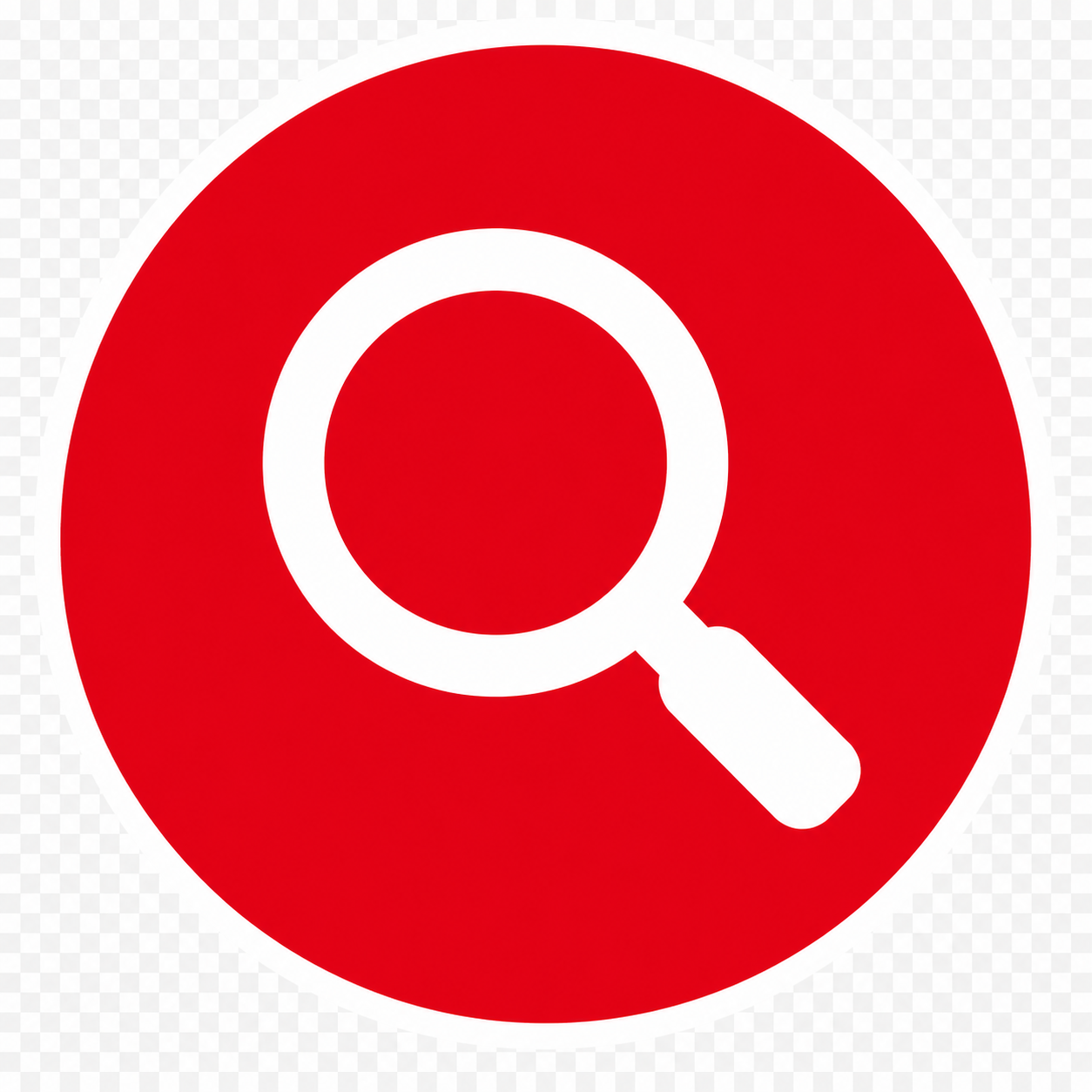 Red circular icon with a white magnifying glass symbol in the center.
