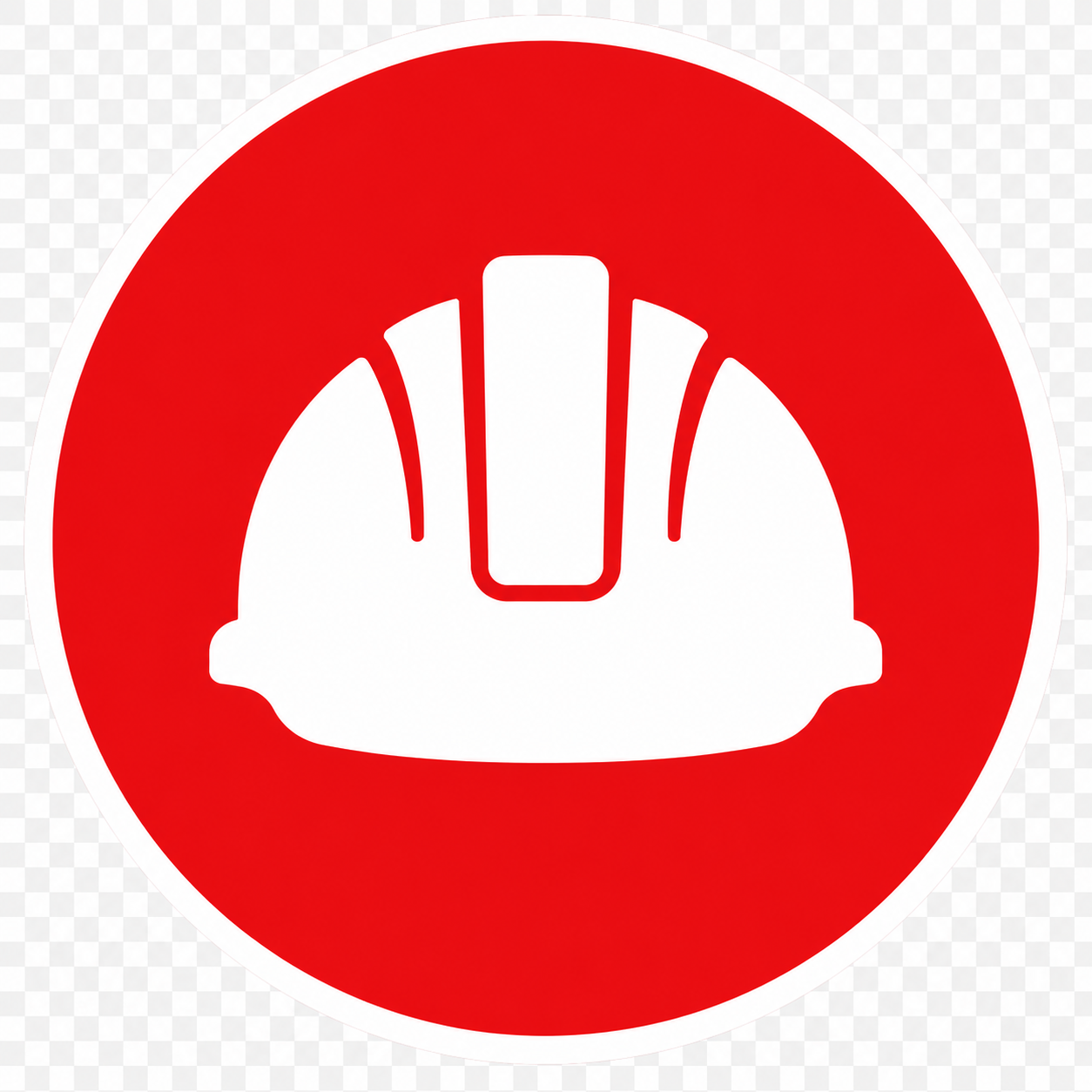 Safety warning sign with a white hard hat inside a red circle.