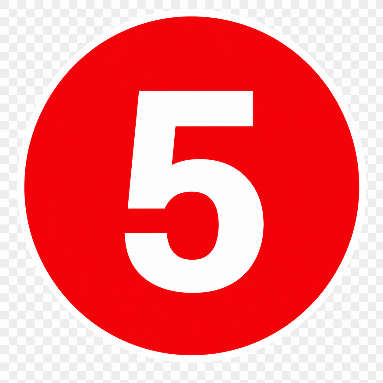 Red circular sign with white number five in the center.