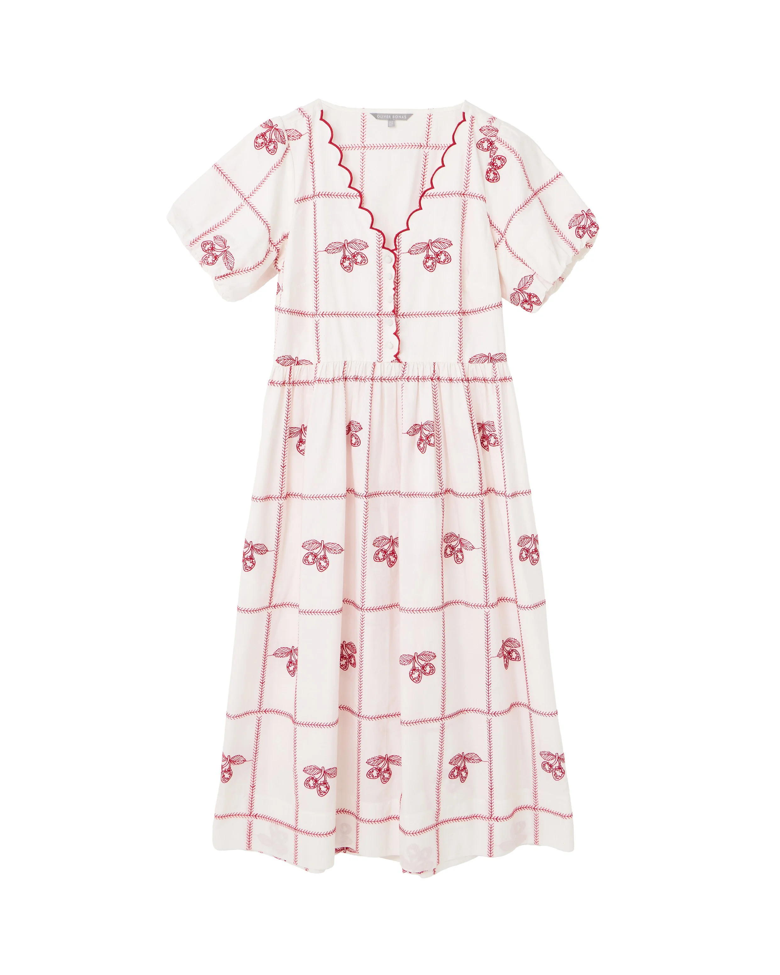 Strawberry Grid Scallop Edge Midi Dress