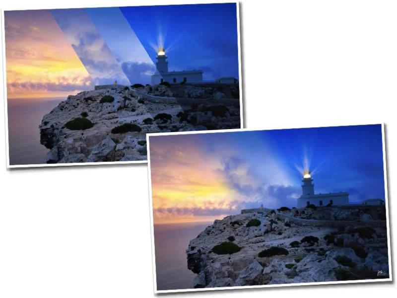 A lighthouse on a rocky cliff at sunset with the lighthouse beam illuminating the sky.
