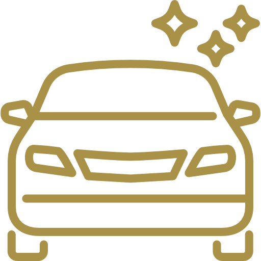 Line drawing of a clean car with sparkling effects above, colored in gold.