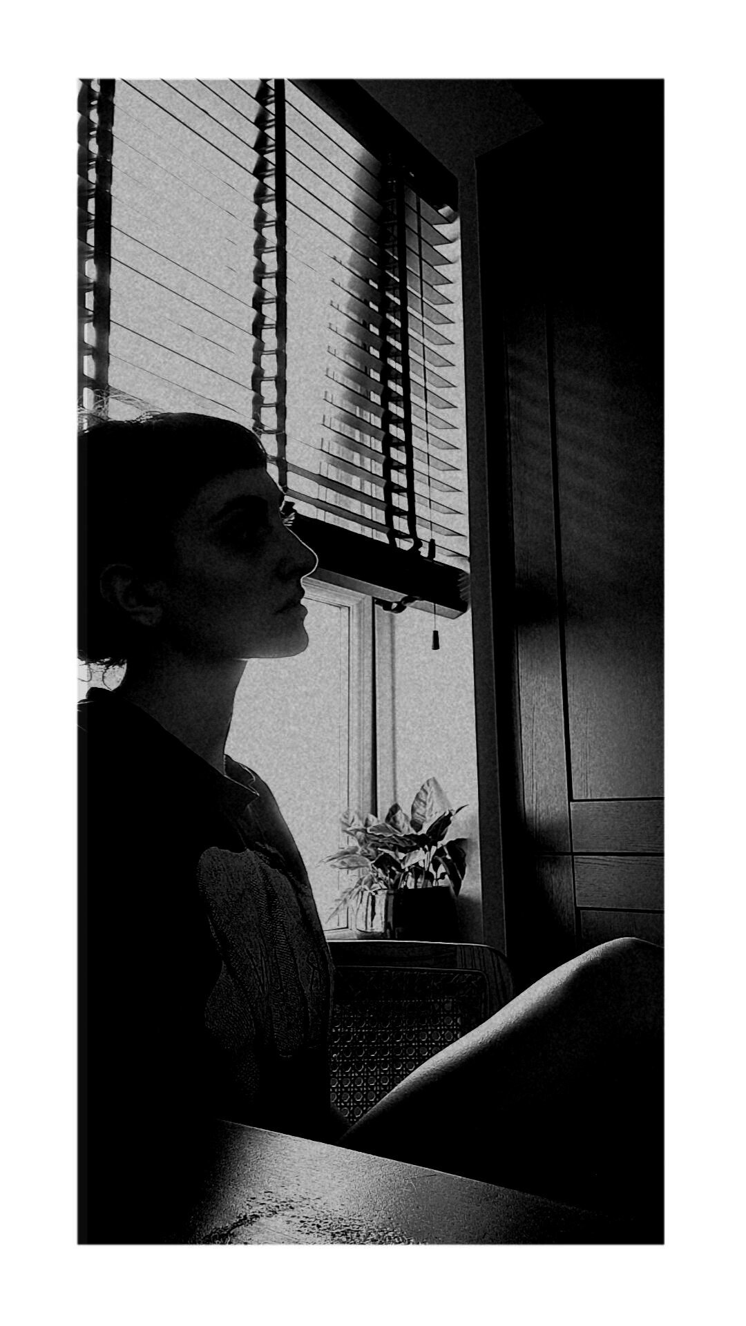 Silhouette of a woman sitting by a window with blinds, with a plant on the windowsill, in a room with wooden furniture.