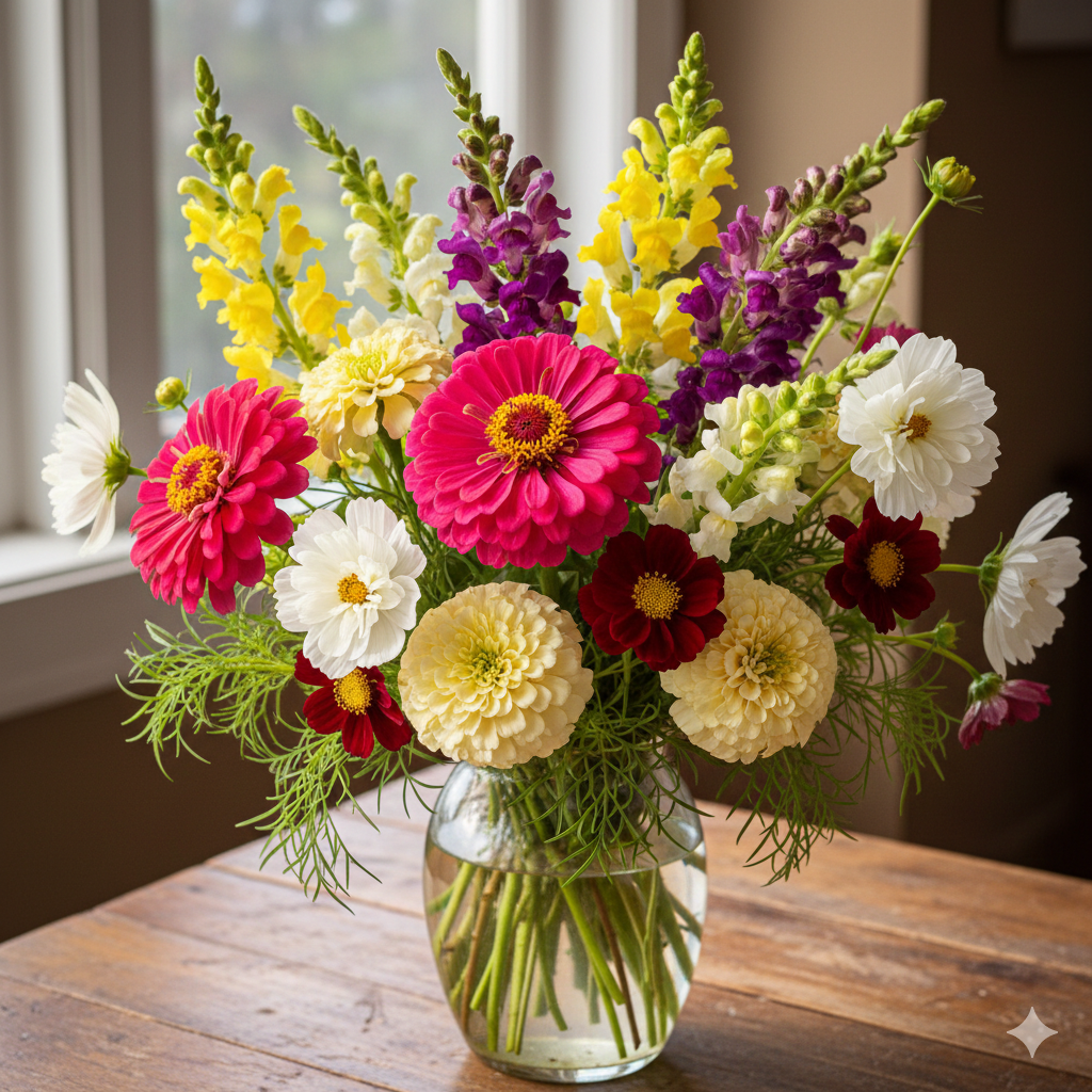 Cosmos doubleclick, snapdragon, zinnia luminosa, moonlight marigold
