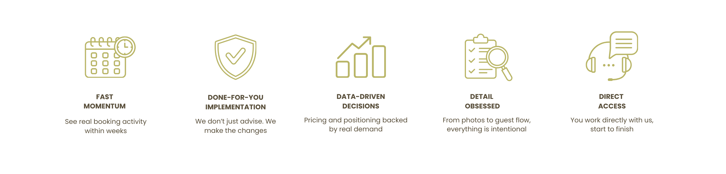 Why Airbnb hosts choose Host and Stay including fast momentum, done for you implementation, data driven decisions, attention to detail, and direct communication