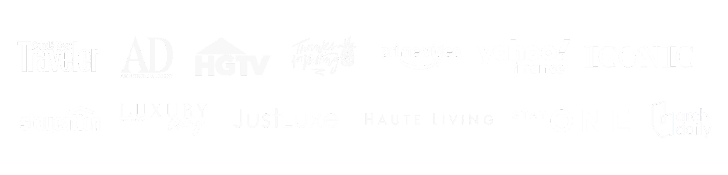 A collection of various magazine and media brand logos, including Travel + Leisure, Architectural Digest, HGTV, Thanks for Visiting, Prime Video, Yahoo! Finance, Iconic, Staycation, Luxury Living Northern AZ, JustLuxe, Haute Living, Stay One, and Archdaily, all displayed in white on a black background.